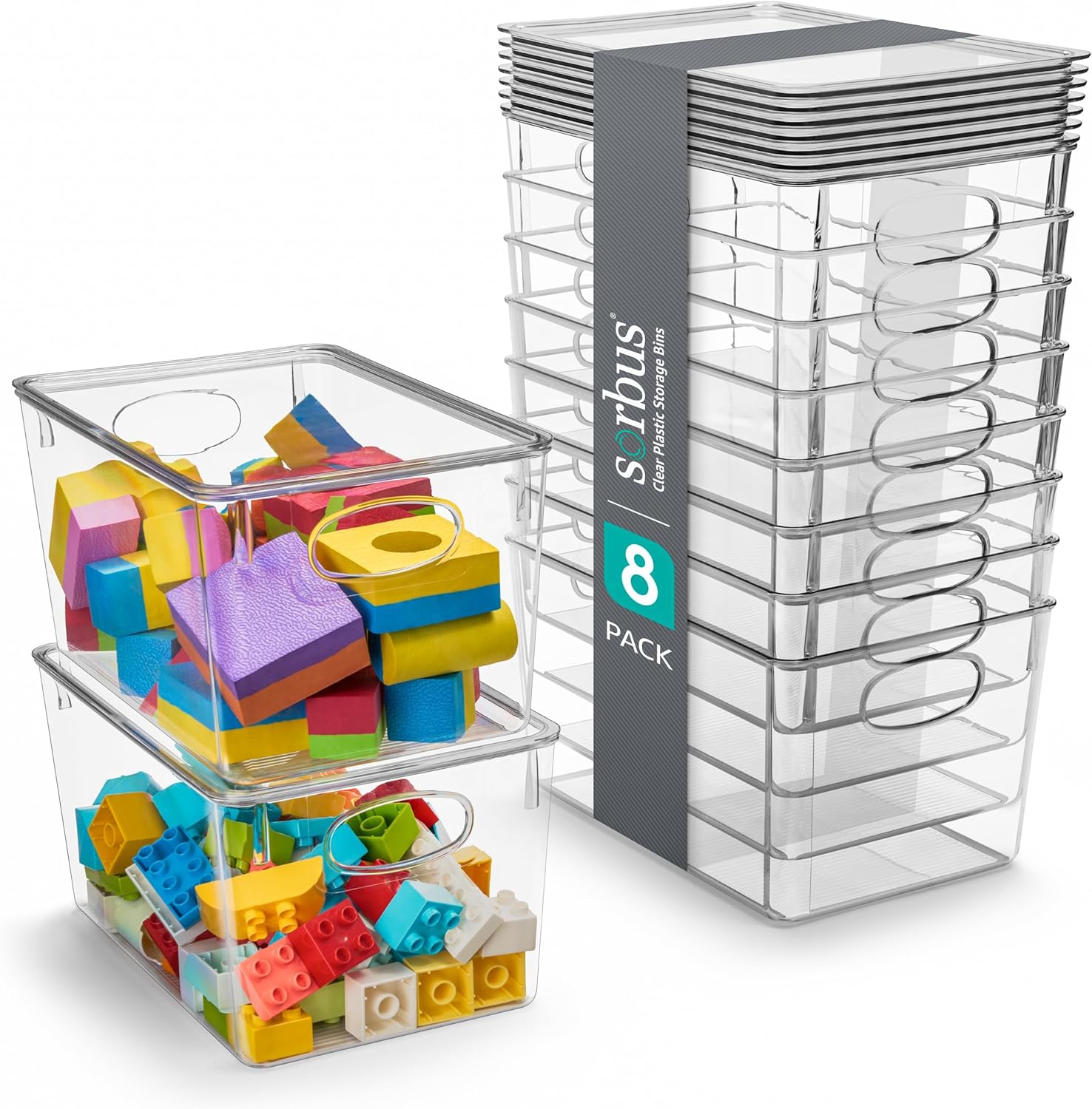 Sorbus Large Clear Plastic Bins with Lids – Stackable Organizer for Toys, Clothes, Medicine, Makeup, Closet, Art Supplies, Bathroom, Shoes – 8 Pack