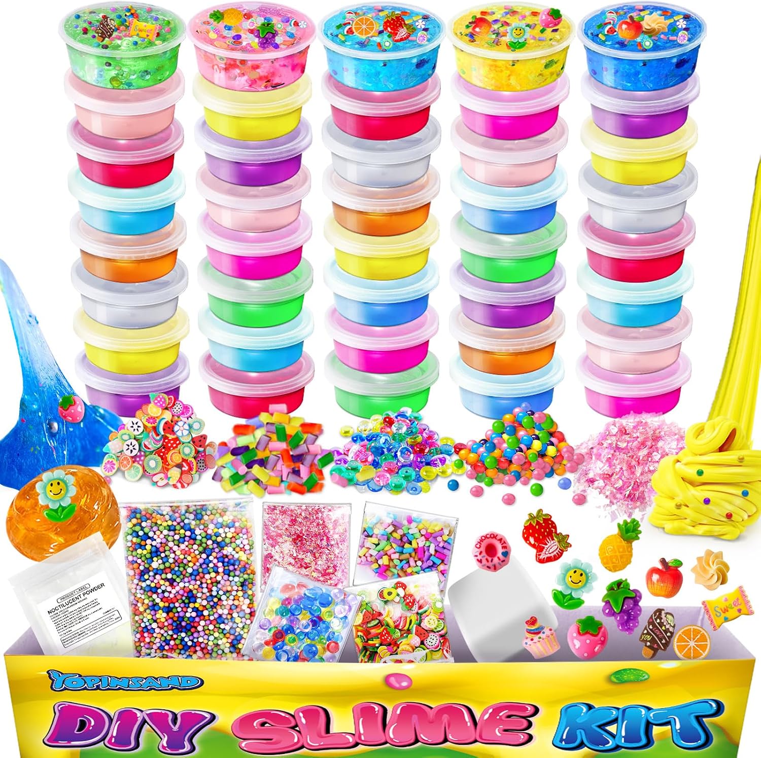 40 Cups DIY Slime Kit, Slime Making Kit for Girls, Premade Clear Slime | Glow in The Dark Slime with Add-ins, Foam Balls, Charms, Party Favors Gift Toys for Kids 3-12
