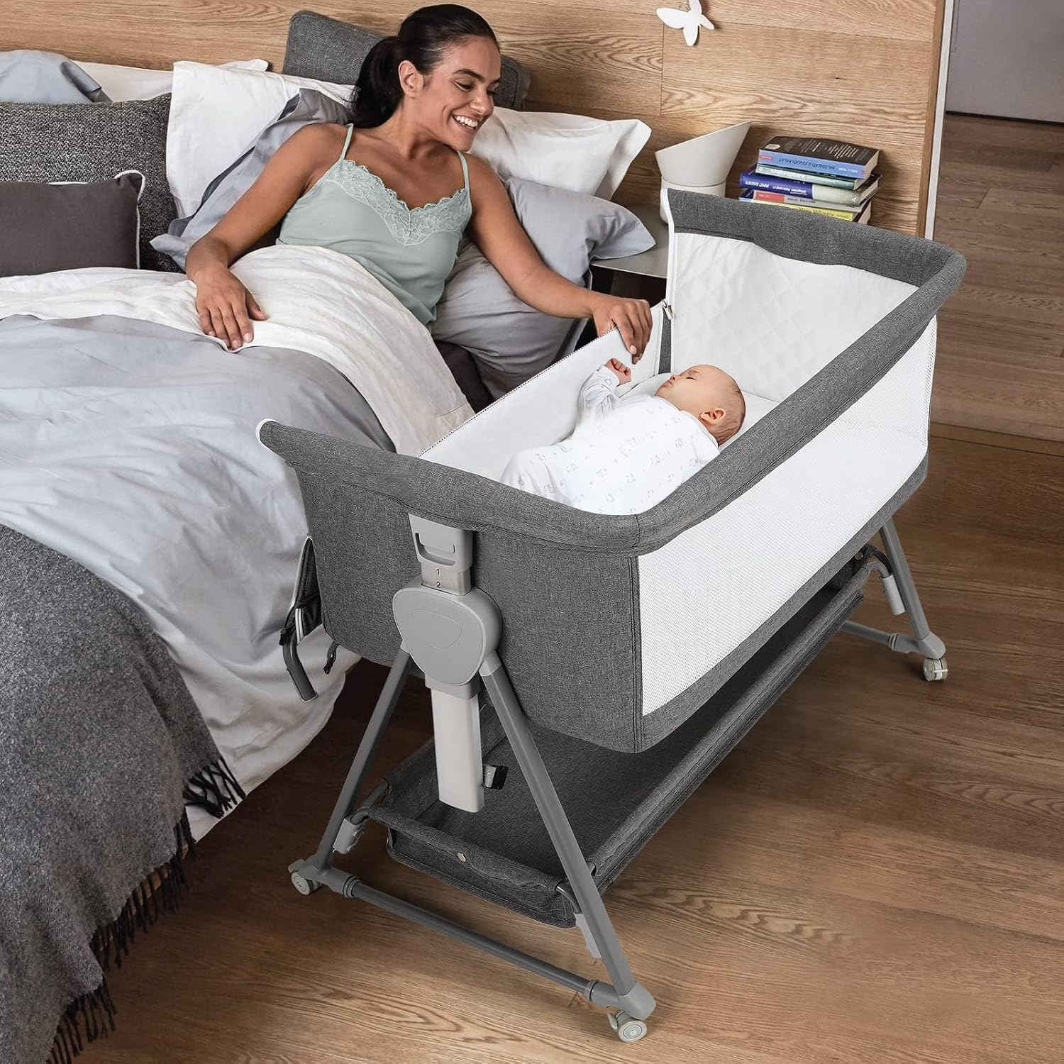 Cowiewie Bassinet Bedside Sleeper, Baby Bassinet with 7 Adjustable Height, Bedside Bassinet for Baby with Storage, Breathable Mesh & Mattress, Portable Bassinet Easy Folding (Pyramid Dark Gray)