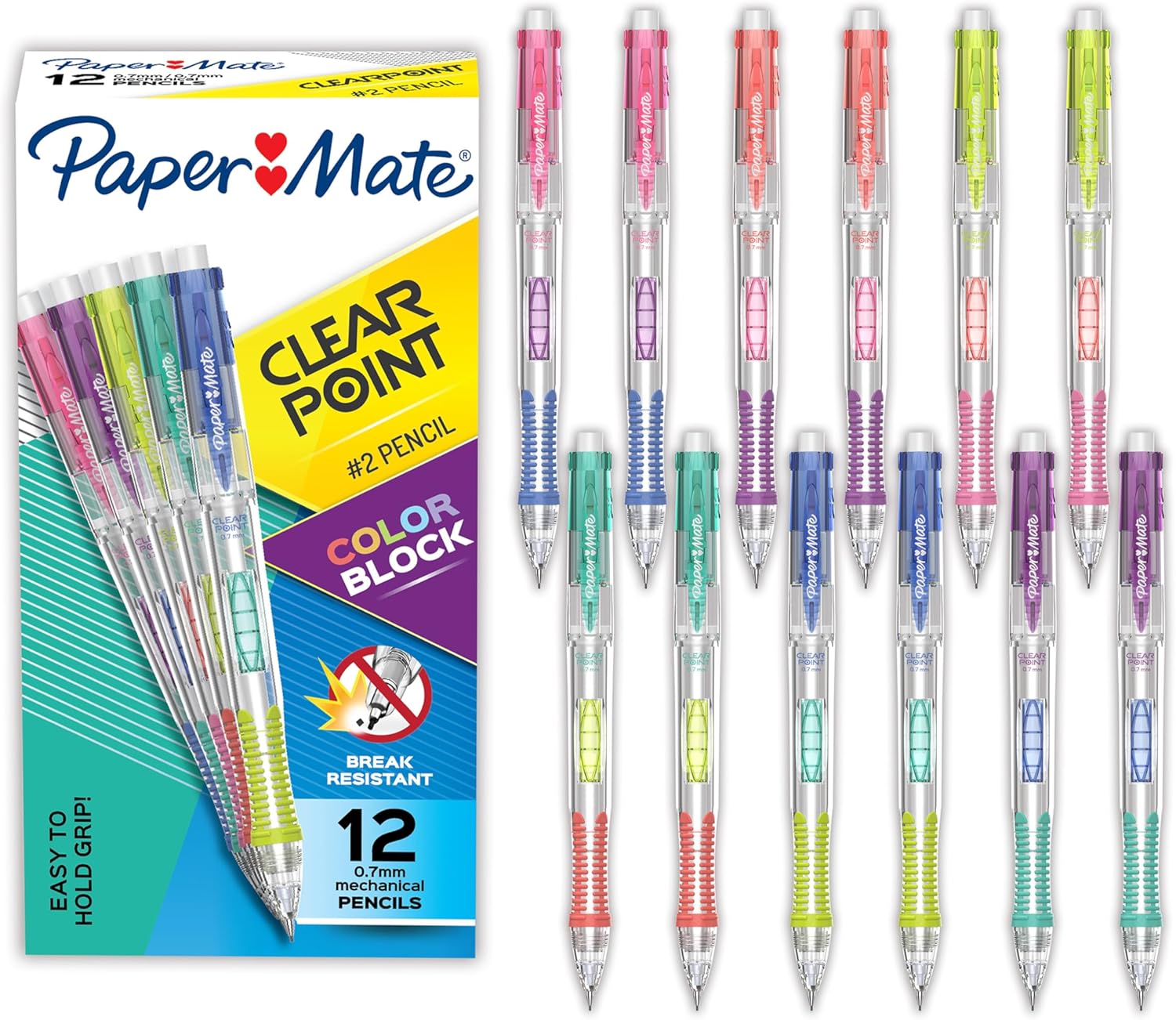 Paper Mate Clearpoint Mechanical Pencils, Color Block Edition, HB #2 Lead (0.7mm), 12 Count – Back to School, Fun Office Supplies