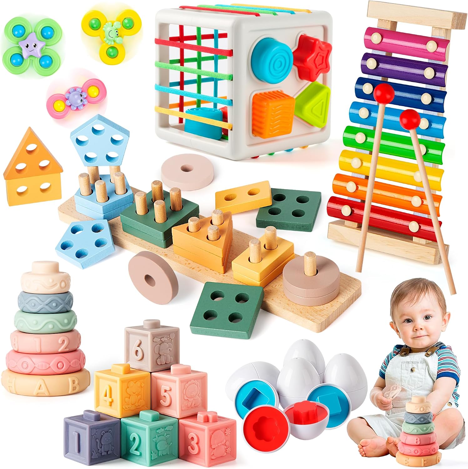 Somastung 7‑in‑1 Montessori Baby Toys for 6‑12 Months & 1+ Years, Infant Sensory Teething & Stacking Blocks | Wooden Shape Sorter, Xylophone Musical Toy, Birthday Gift for Toddlers 1‑3