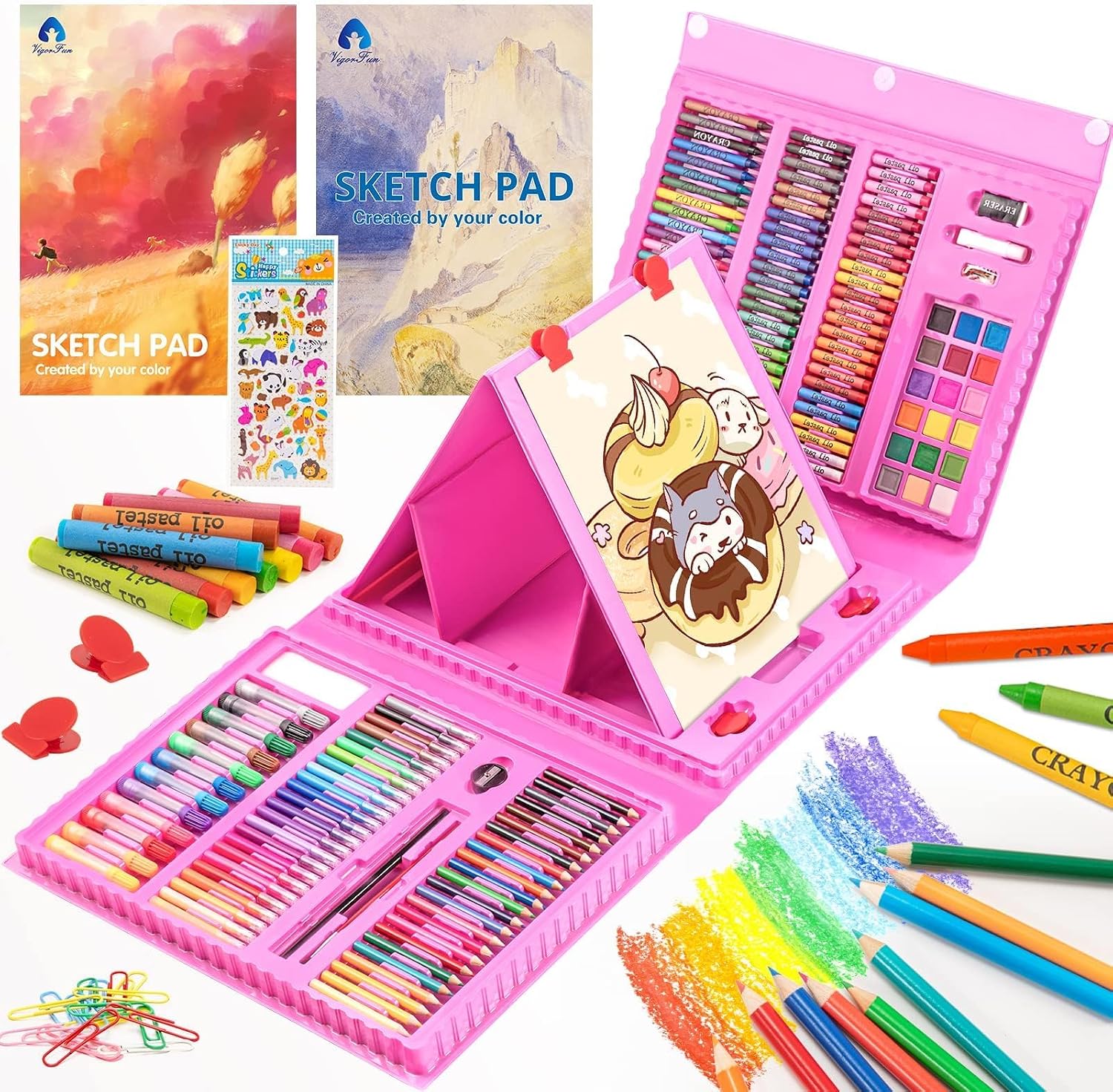 VigorFun Art Supplies, 240 PCS Drawing Art Kit, Pink Gifts for Kids Girls | Art Set Crafts Case with Double Sided Trifold Easel, Includes Sketch Pads, Crayons, Colored Pencils