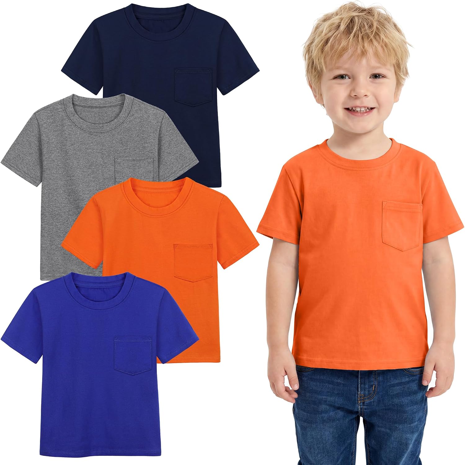Poroka Toddlers and Boys’ Short-Sleeve T-Shirts Cotton Crew Neck Tee Baby Short-Solid Pocket T-Shirts with Pocket 4 Pack