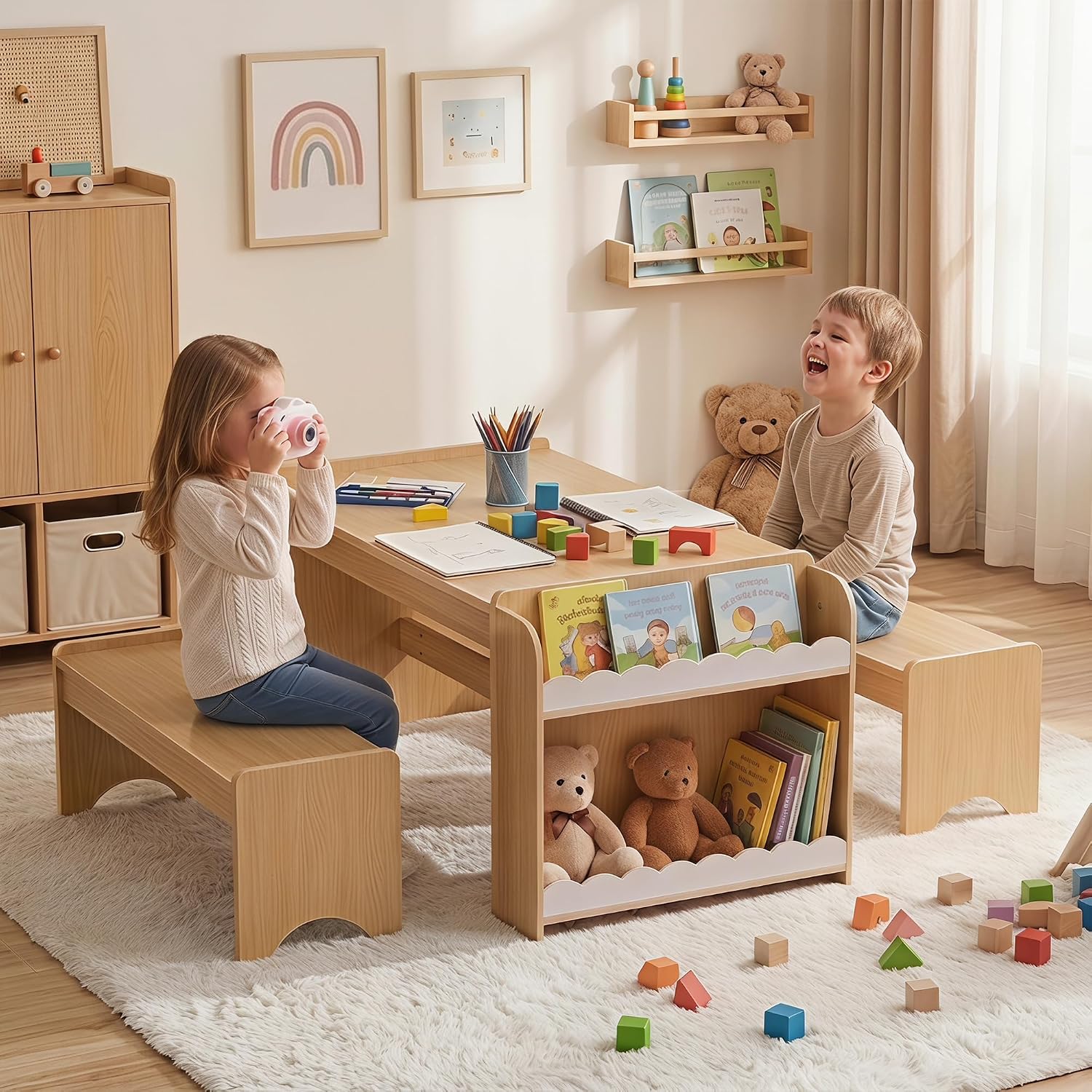 Kids Table and Bench Set, Montessori Kids Table and Chair Set, Indoor Wooden Toddler Activity Table with Bookshelves, 37”X22” Desktop, Children Desk for Home, Classroom, Boys, Girls (Natural)