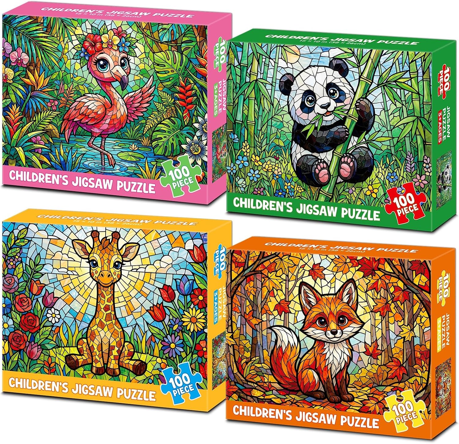 4-Pack 100 Piece Puzzles for Kids Ages 4-8 6-8 8-10, Panda Giraffe Kids Puzzles Ages 4-6 5-8 8-10, Flamingo Fox Stained Glass Forest Animal Puzzle 100 Pieces, Educational Jigsaw Puzzles Gifts 15x10in