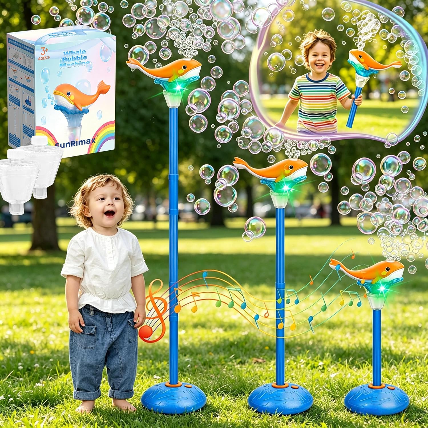Standing Bubble Machine for Kids Outdoor, Whale Bubble Torch with Light Music Lamp, 47″ Adjustable Height Automatic Bubble Blower Maker Tower Fountain for Party,Stand Up Outside Handheld Lanterns Toys
