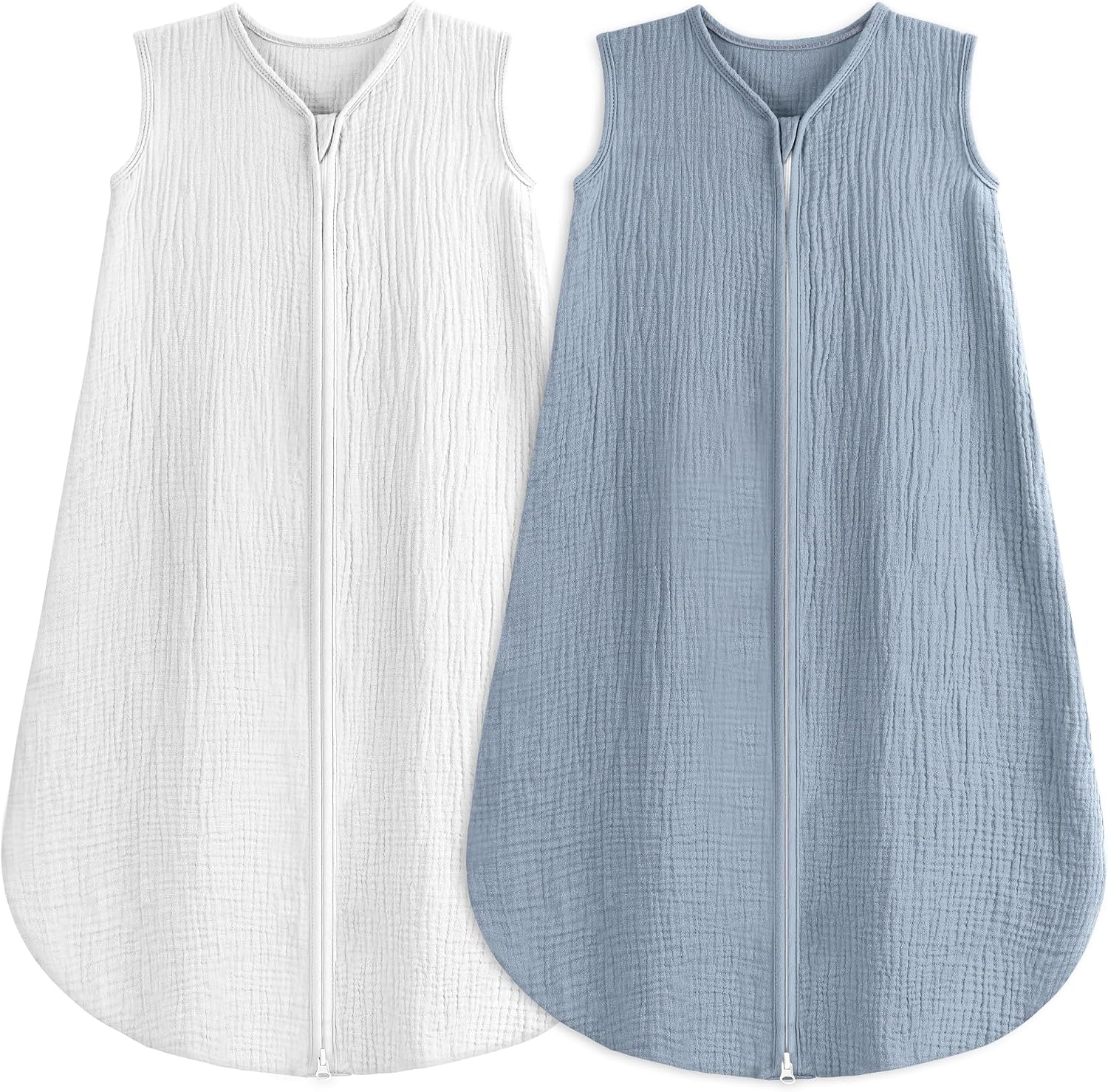 BSTOPPT 2 Pack Baby Sleep Sack 18-24 Months 100% Organic Cotton Muslin Baby Sleeping Bag 2-Way Zipper Wearable Blankets TOG 0.3 (White & Light Gray, X-Large)