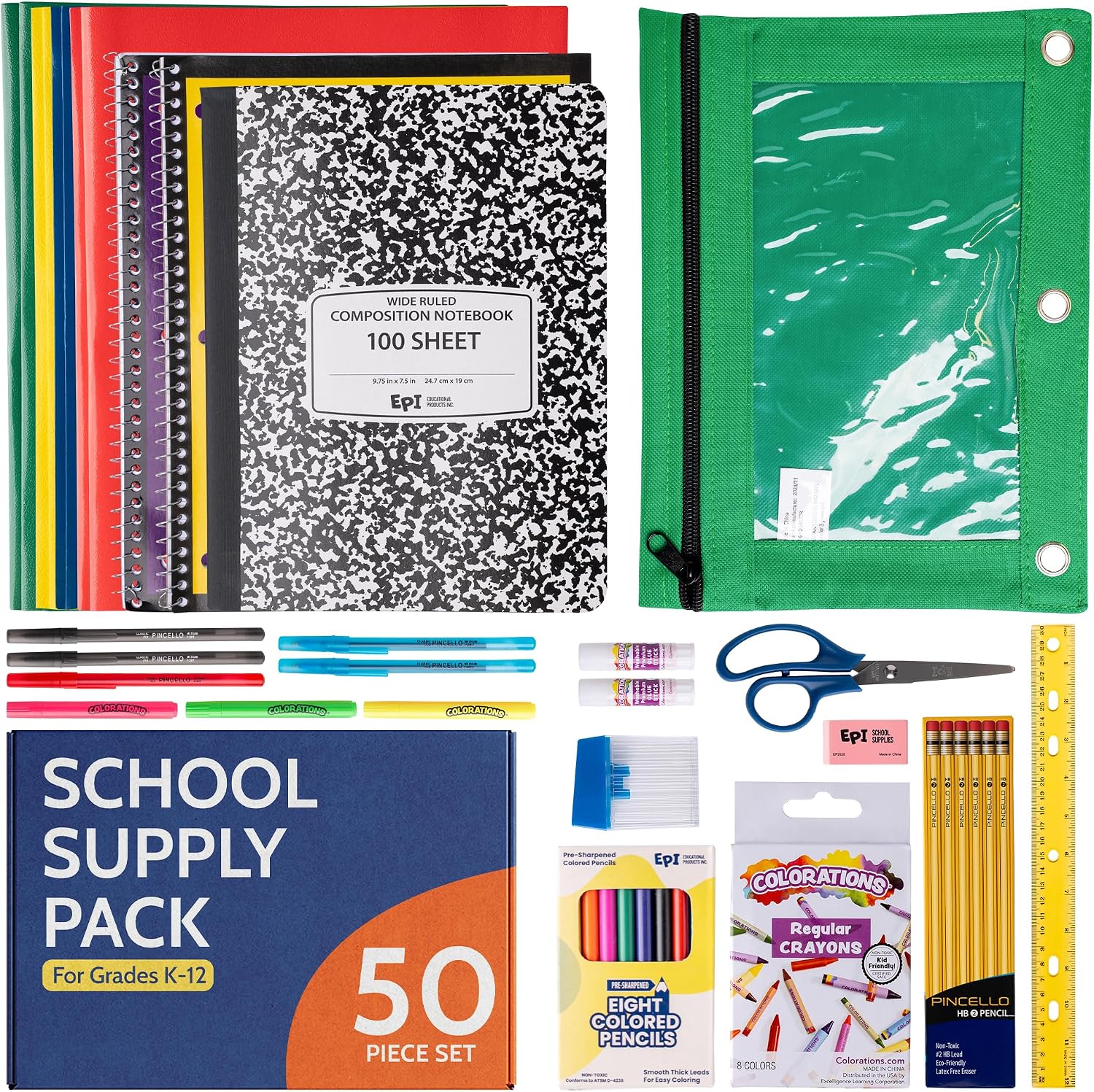 EPI Essentials Back to School Supplies for Kids – 50 Items in Kit – Kindergarten to 12th Grade School Supply Packs – Wide-Ruled Bundle with Composition Notebooks – Suitable for Homeschooling