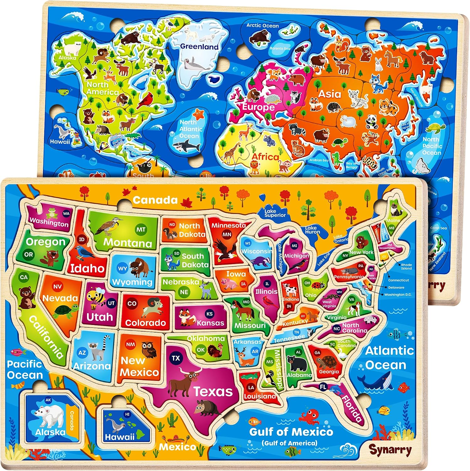 SYNARRY Large USA World Wooden Puzzles for Kids Ages 4-6, Learning United States World Maps Puzles for Kids Ages 6-8, Wood Jigsaw Puzzles Educational Games Toys Gifts for Boys Girls Ages 3-8