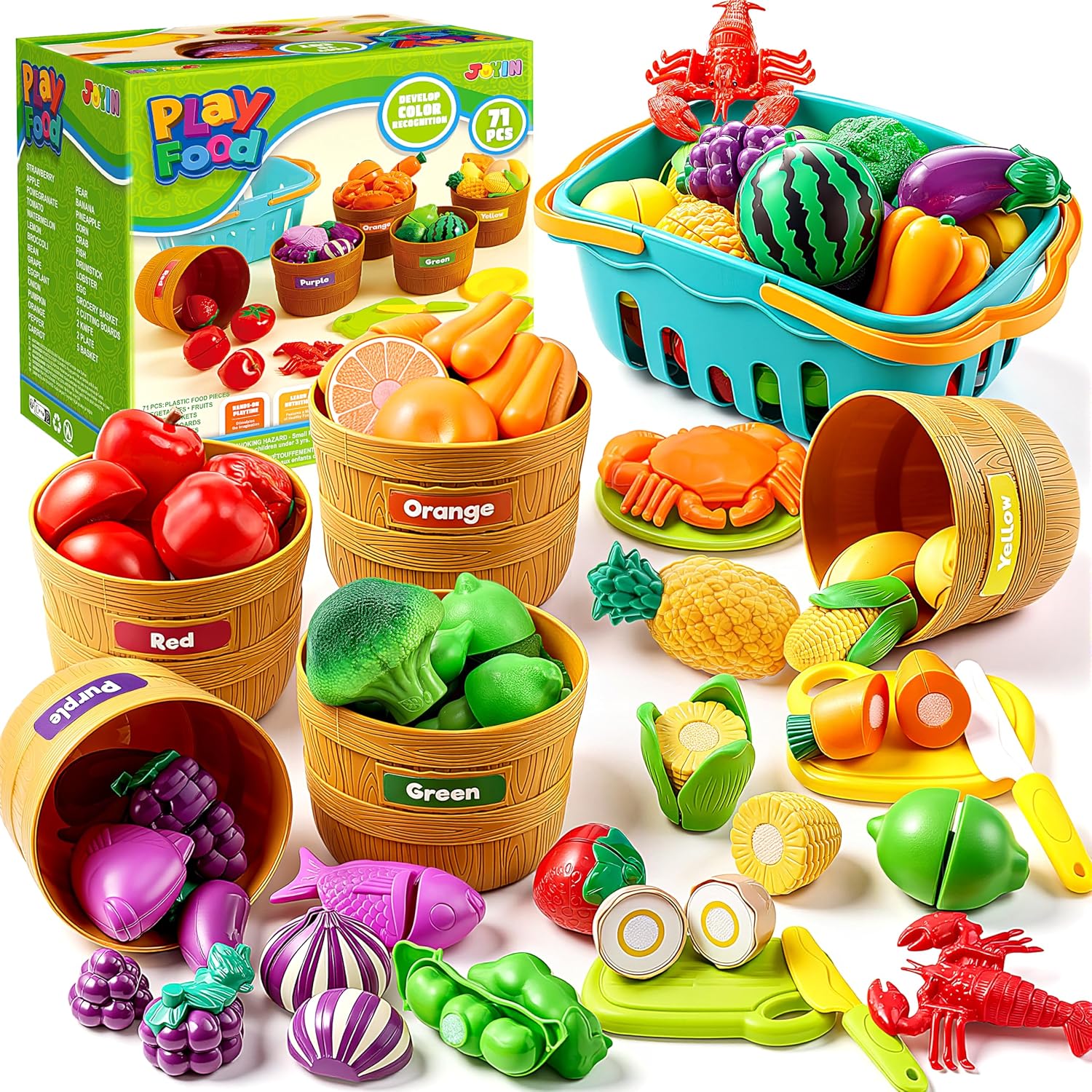 JOYIN Learning Toys Play Food Set for Kids, Cutting Food for Preschool Activities, Play Kitchen Accessories, Educational Toys, Color Sorting Set for Boys & Girls, Back to School Gifts for Kids