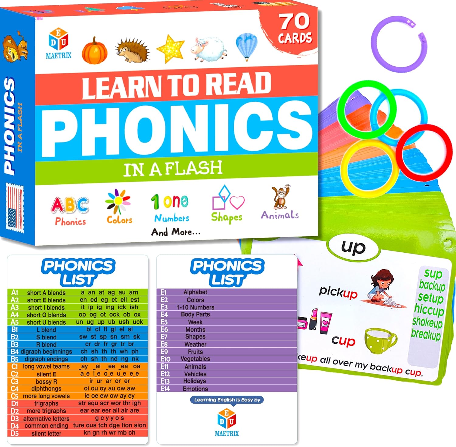 70PCS Phonics CVC Flash Cards Set 20 Phonic Stages Bonus 10 Life Skill Cards Sorting Rings Learn to Read in Blends, Long Vowels, Digraphs for PreK-3rd Grade (Alphabet, Colors, Numbers, and More)
