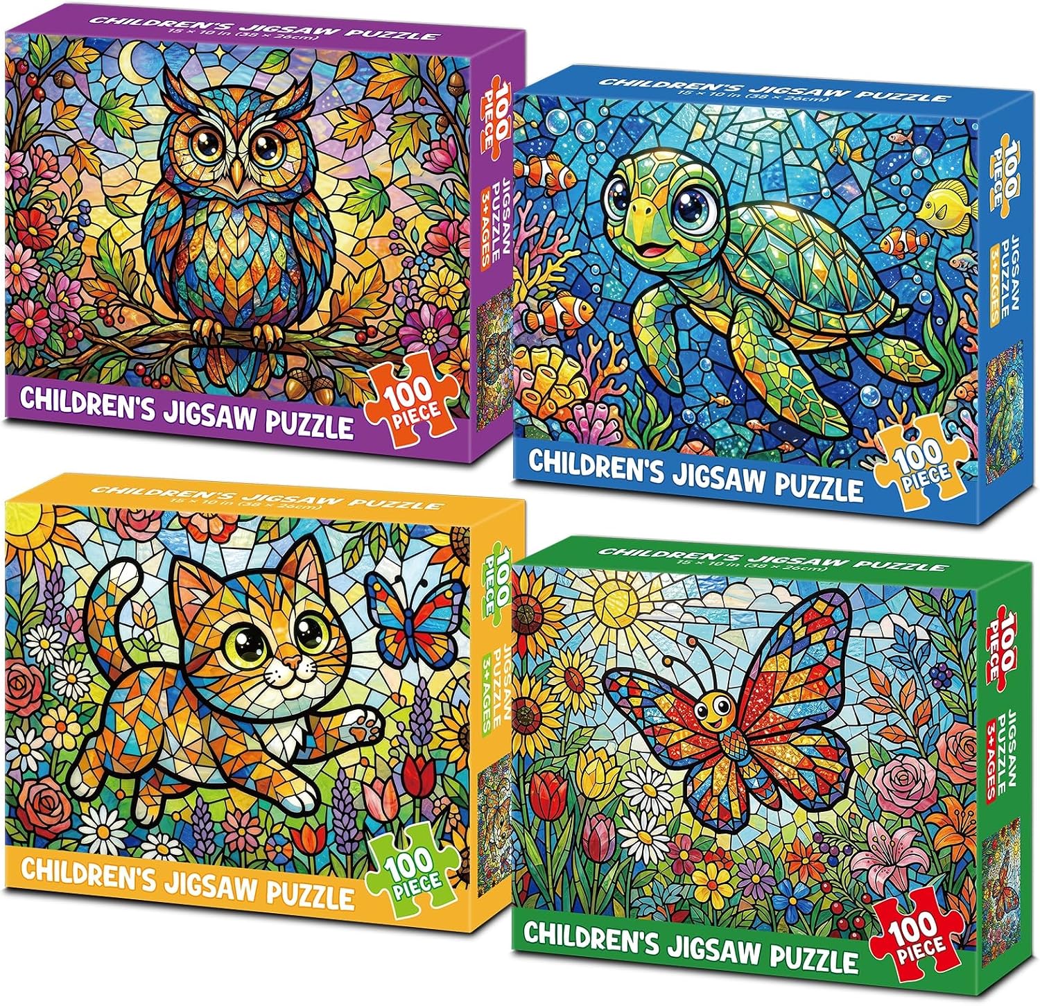 4-Pack 100 Piece Puzzles for Kids Ages 4-8 6-8 8-10, Cat Turtle Kids Puzzles Ages 4-6 5-8 8-10, Butterfly Owl Stained Glass Animal Puzzle 100 Pieces, Kids Jigsaw Puzzles Gifts for Girls Boys (15x10in)