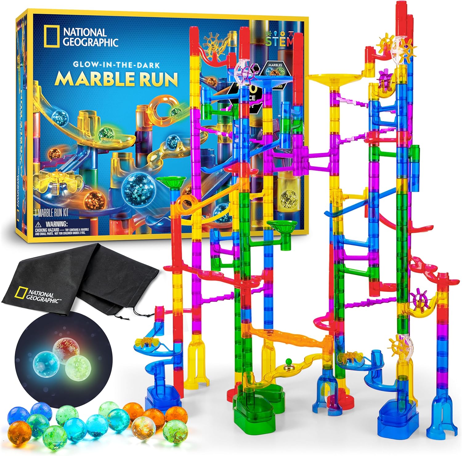 NATIONAL GEOGRAPHIC Glowing Marble Run – 150 Piece Construction Set with 30 Glow in the Dark Glass Marbles & Storage Bag, STEM Gifts for Boys and Girls, Building Project Toy (Amazon Exclusive) | 30 Glass Marbles, Smooth-Run Tubes, Action Pieces, Marble Maze, Creative Construction, STEM Physics Toy, Storage Bag