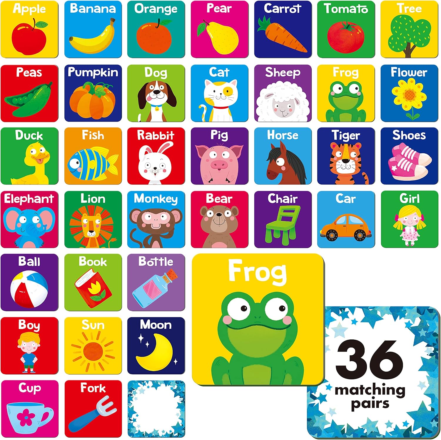 Hebayy Memory Matching Game, 72 PCS First Words Matching Cards for Toddlers 36 Pairs Memory Cards Educational Toys for Preschool 4 5 6 Years Old