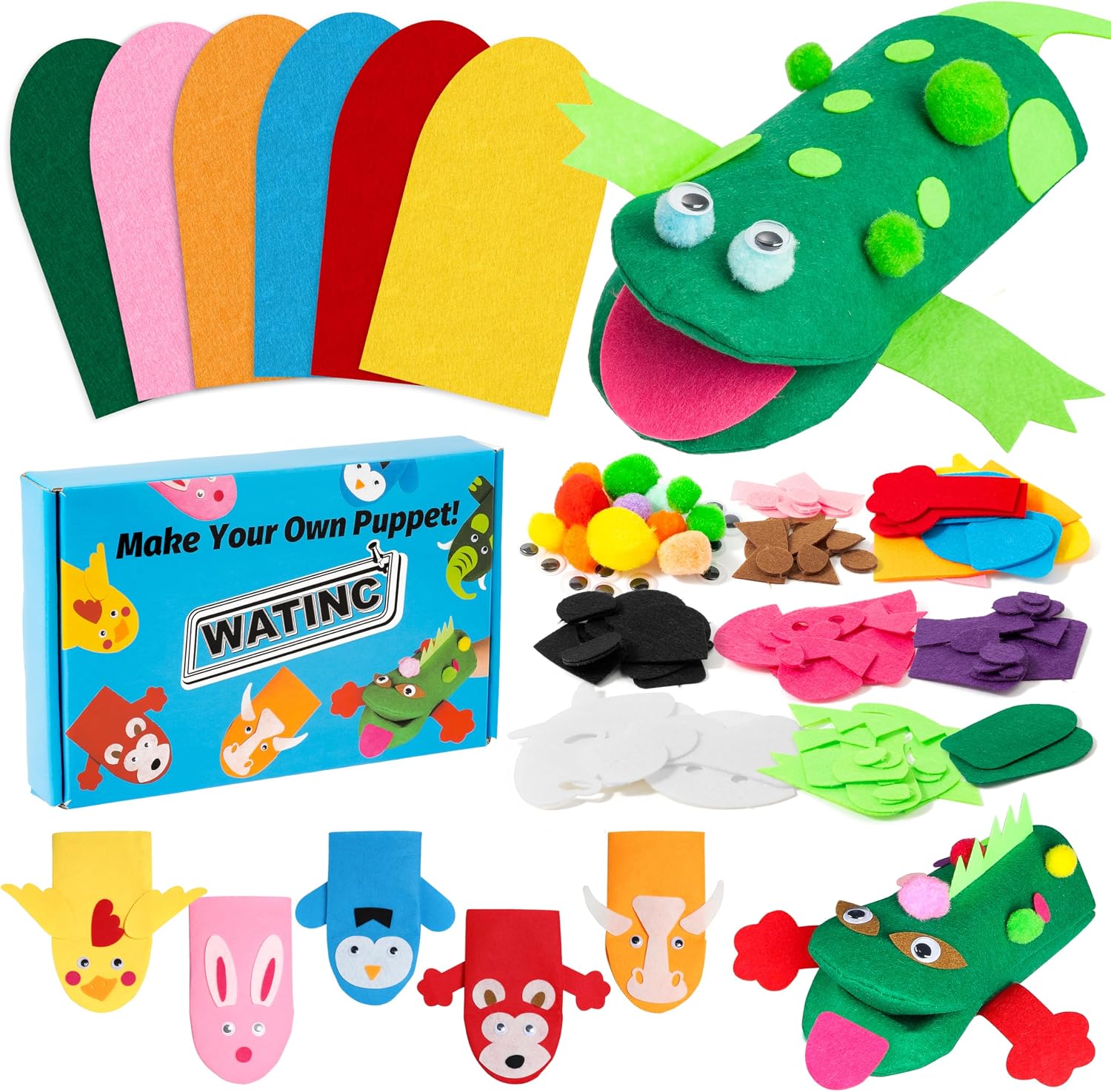 WATINC Hand Puppet Making Kit, Felt Sock Puppet Toys for Kids (Animals) | 6 Styles, Make Your Own Storytelling & Role Play Crafts, Creative Group Activity, Party Favors & Gifts for Kids Ages 4-8