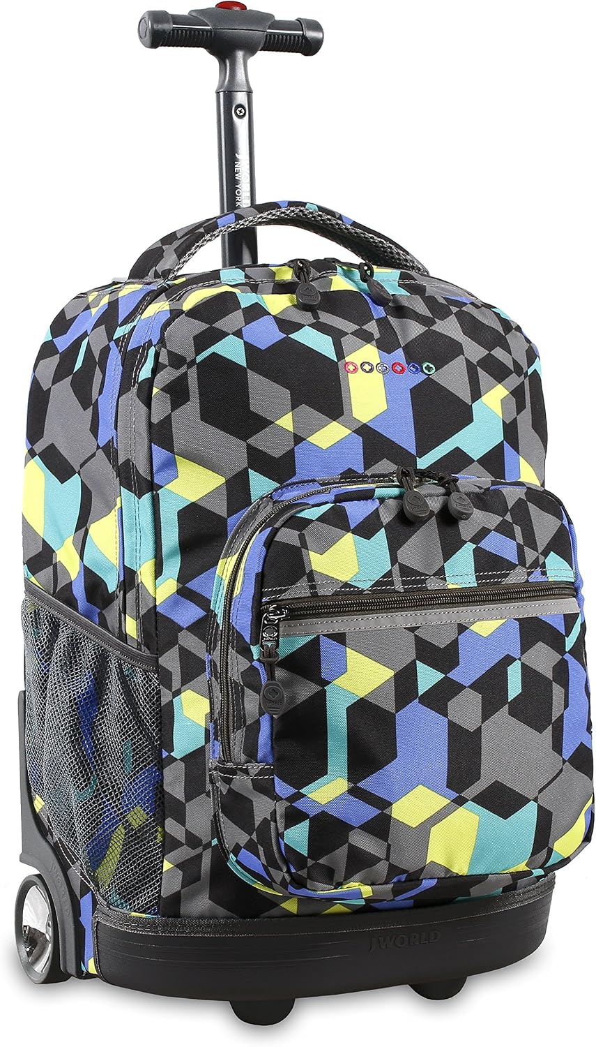 J World Sunrise Kids Rolling Backpack with Wheels for Girls Boys, Roller Bookbag for School, 18 x 13 x 9 Inches, Cubes