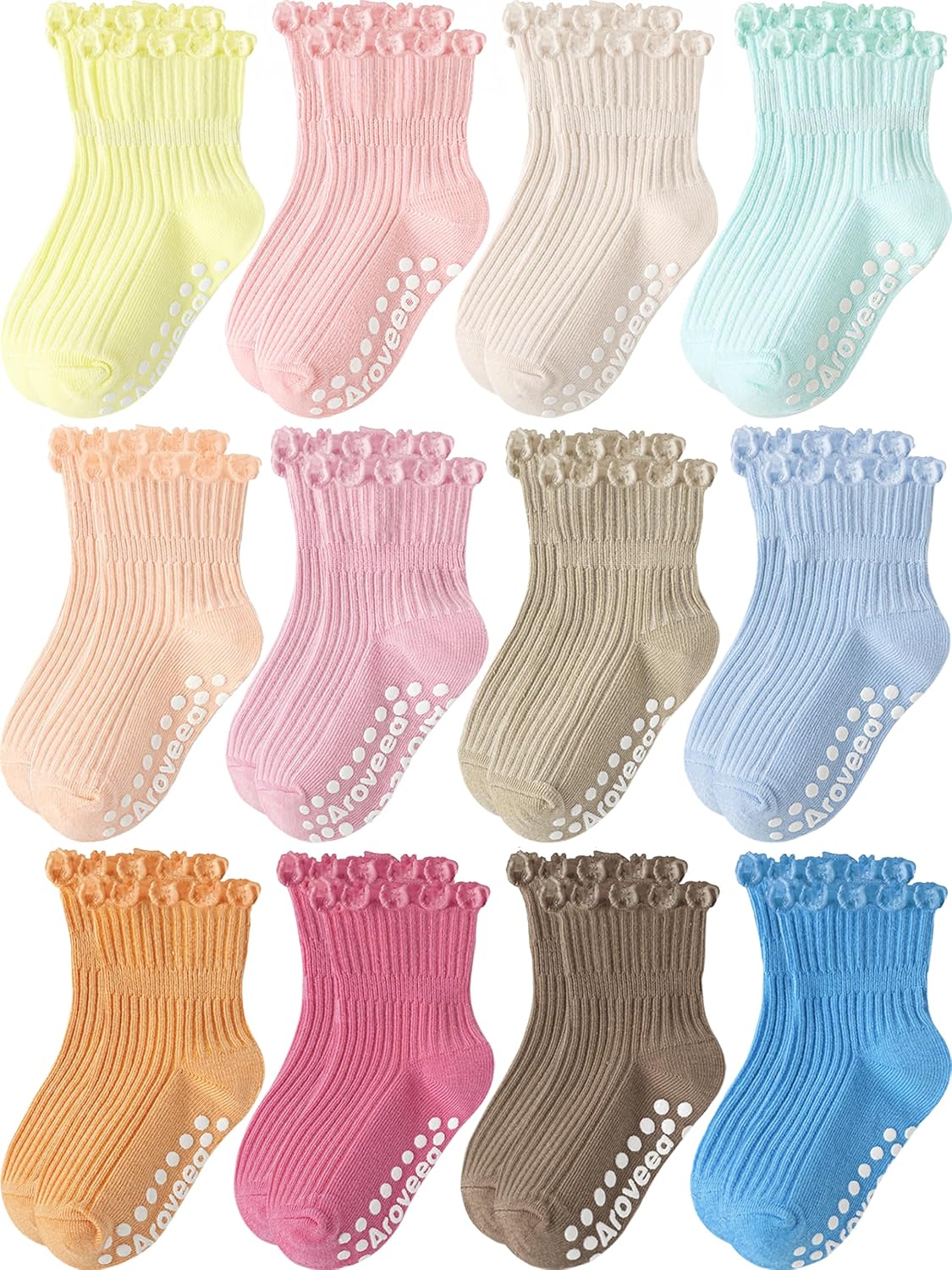Baby Toddler Girls Socks Grip Ruffle Non Slip Kids Cotton 12 Pack Socks | PREMIUM soft COTTON,full anti-slip grips,6month-7t grippy crew socks for girls,daily school all season wear,cute ruffle
