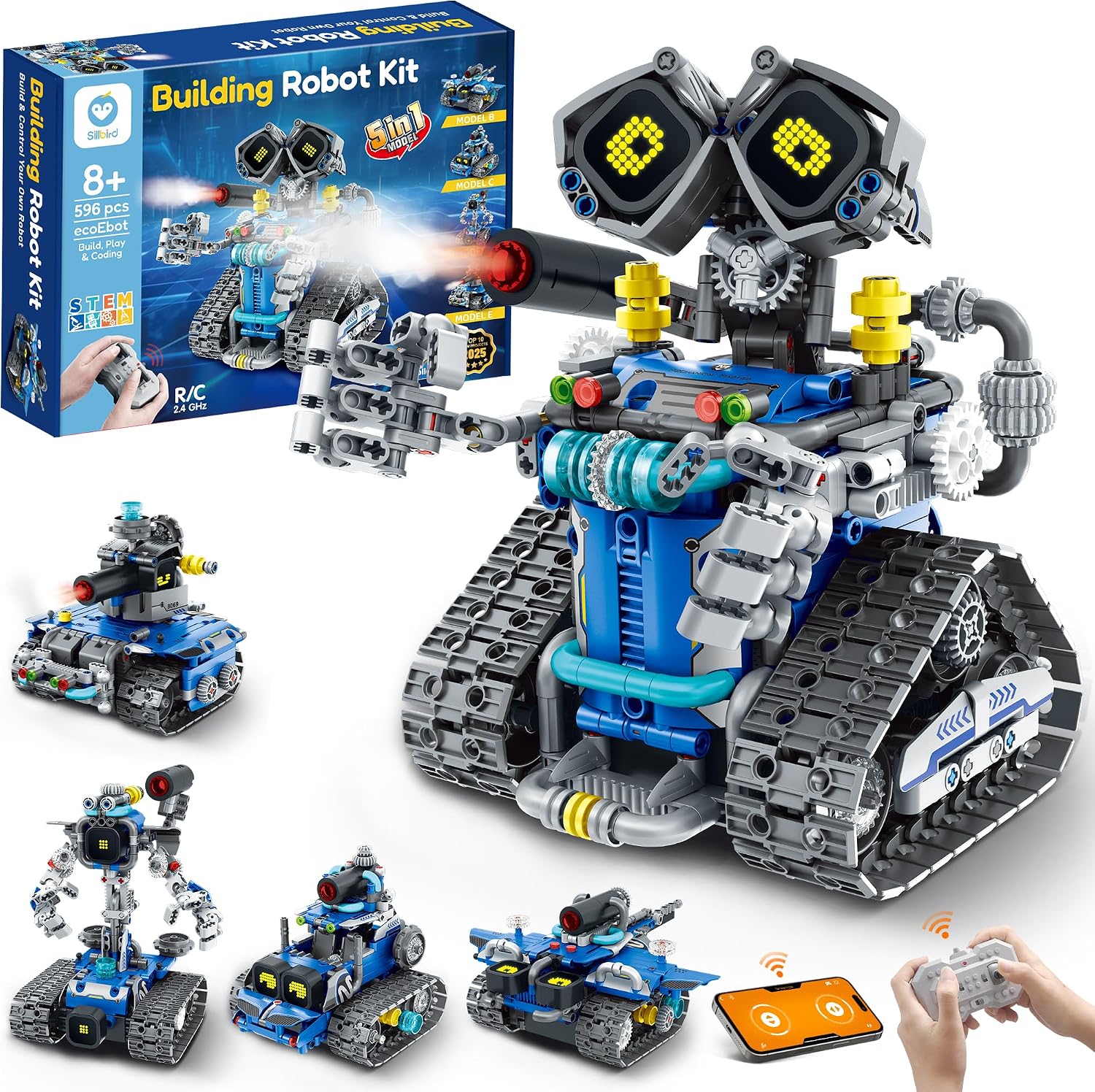 Sillbird STEM Robot Building Kit with Remote Control Gifts for Boys 8-14 | Coding Robotic Toy, Birthday Presents for Kids Ages 8+, App-Controlled, Buildable 5in1 Models, LED Eyes, 596 Pieces