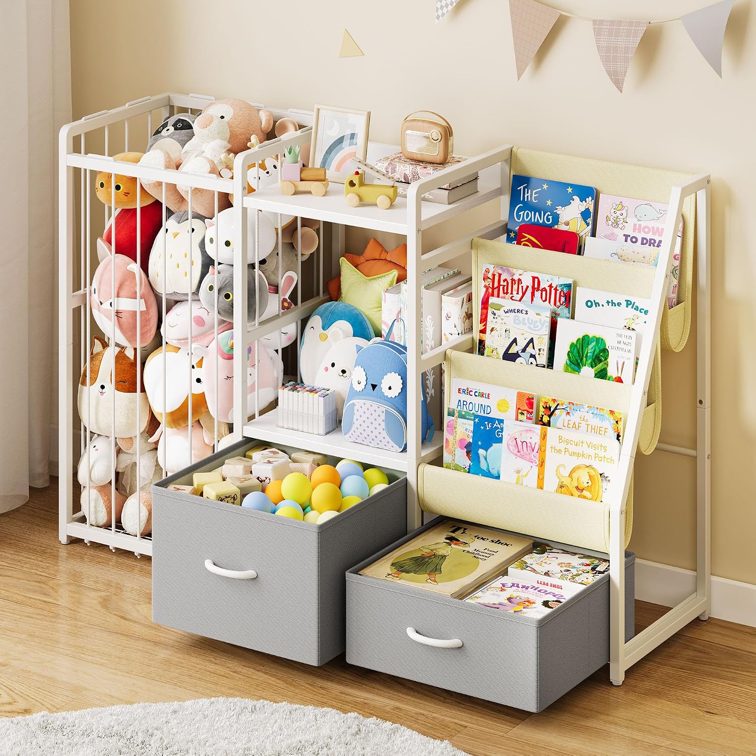 Twinkoo Kids Bookshelf and Toy Storage, Stuffed Animal Storage | 45.7″x11.8″x30″, 3 Sling Pockets, 2 Bottom Drawers, Iron and Wood Frame, Anti-Tip Belt, Montessori, Easy Reach for Kids