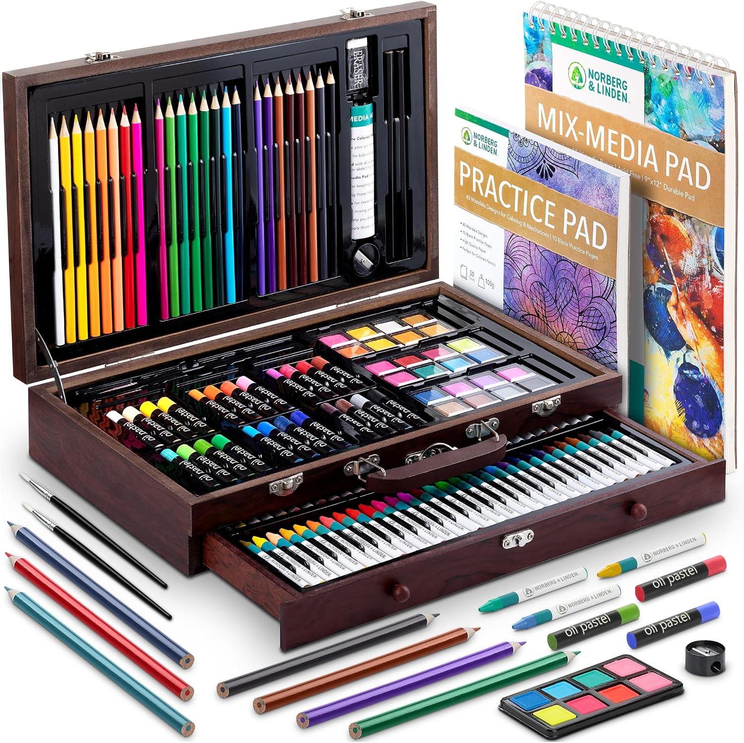 Norberg & Linden 144-Piece Art Set in Wooden Box with Drawer – Art Set for Adults, Teens, Kids – Premium Art Supplies – Includes Watercolors, Oil Pastels, Crayons, & More