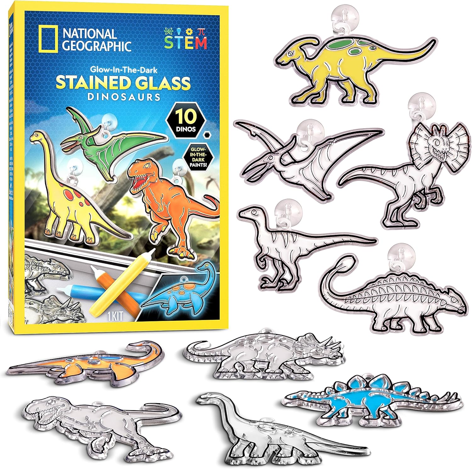 National Geographic Dinosaur Stained Glass Suncatcher Craft Kit for Kids | Glow-in-the-Dark Dinosaur Toy, Window Art, Paint Supplies, Kid Crafts Ages 4-8, Creative Activity, Birthday Gift