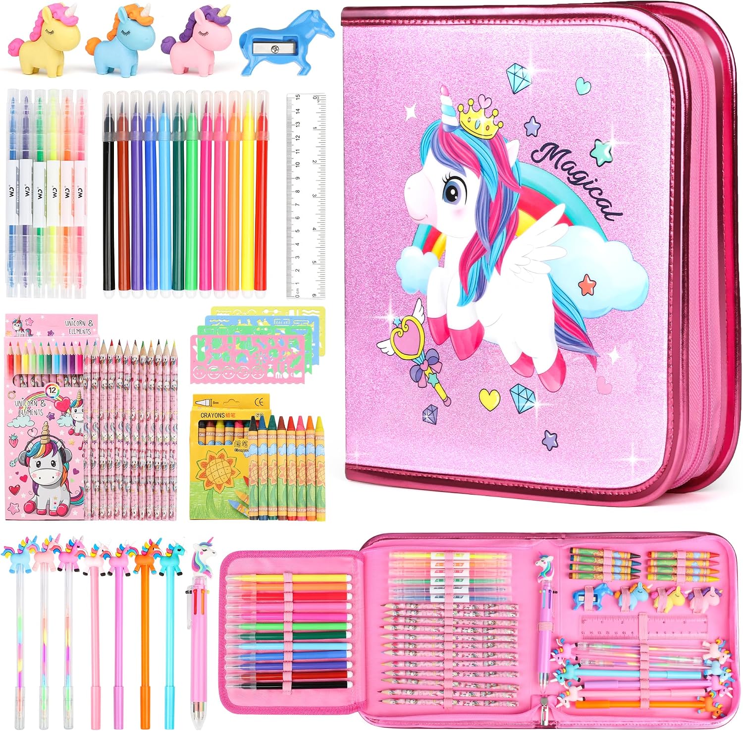 beefunni 56 Pcs Unicorn Fruit Scented Markers Set, Art Supplies for Kid 4-6 | Arts and Crafts Coloring Set, Markers Pencil Crayon&Gel Pen Drawing Kits – Birthday Gifts for Girls 4 5 6 7 8 Year Old