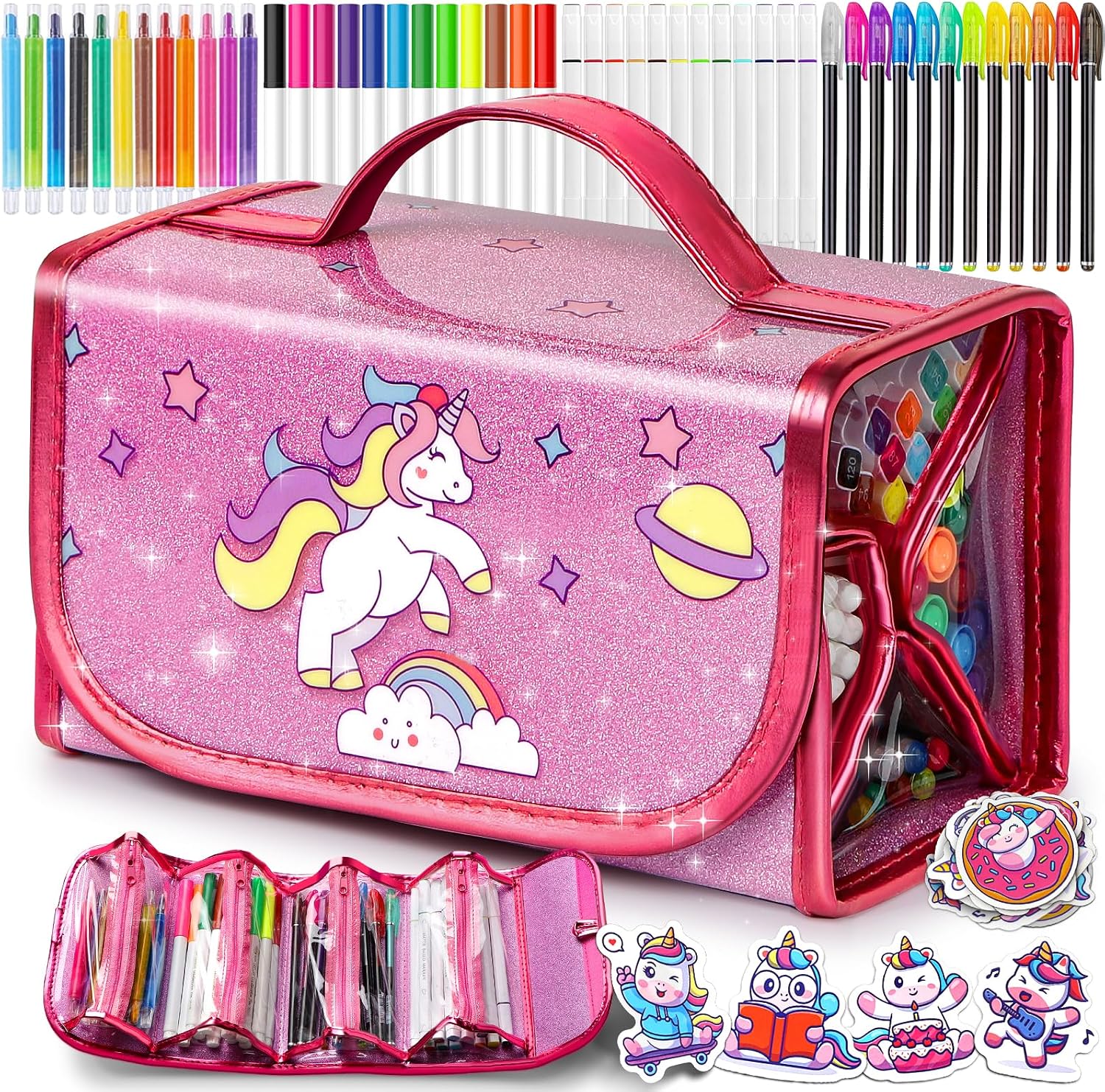 beefunni 68PCS Washable Markers Set for Kids 4-8, with Unicorn Case | 48pcs washable markers,brush pens,crayons,scented glitter gel pens,20 stickers,portable,arts crafts supplies gifts for girls