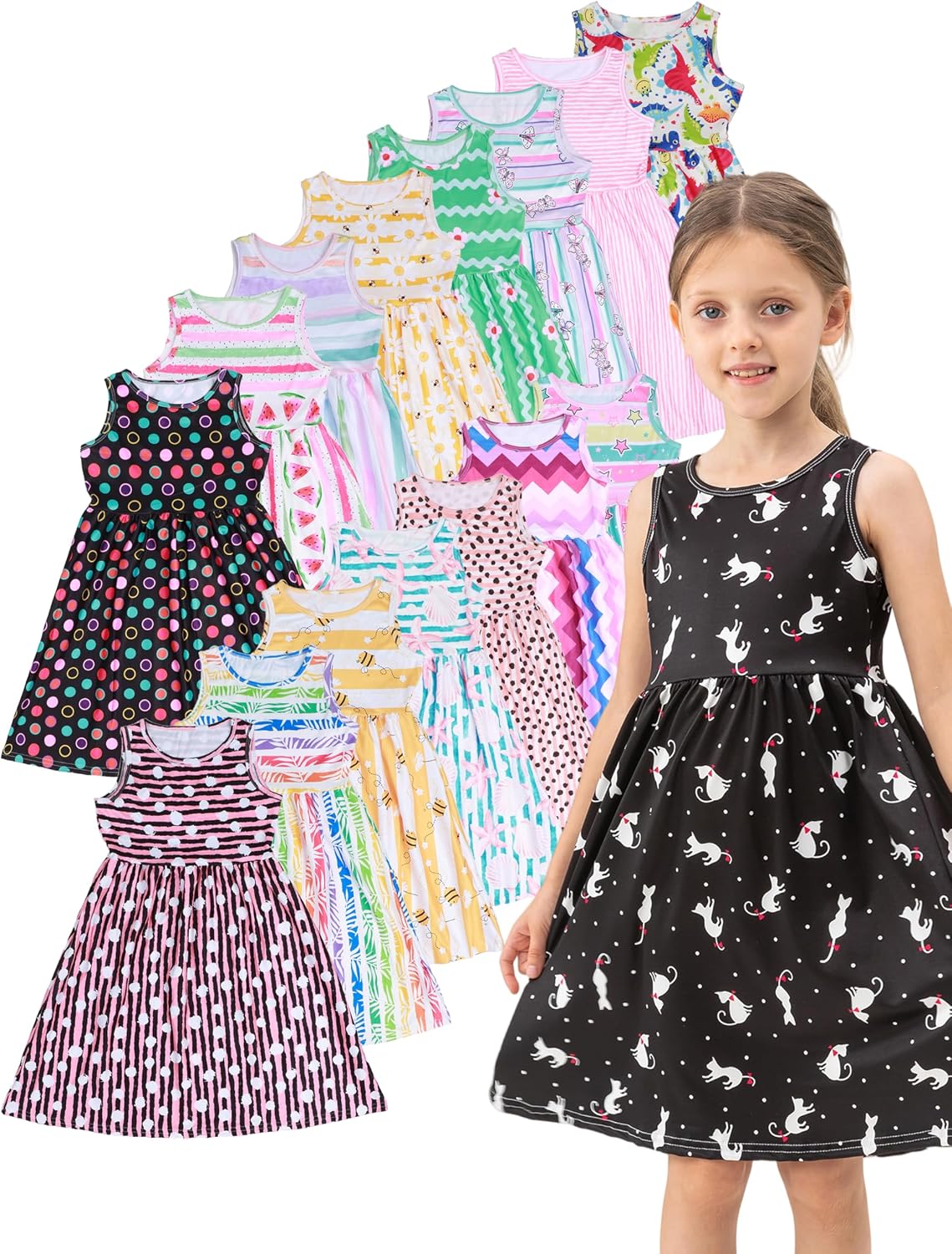 5-Pack Girls Dress,Casual Comfortable Girls Sleeveless Dress for Kids Spring Summer,Outdoor