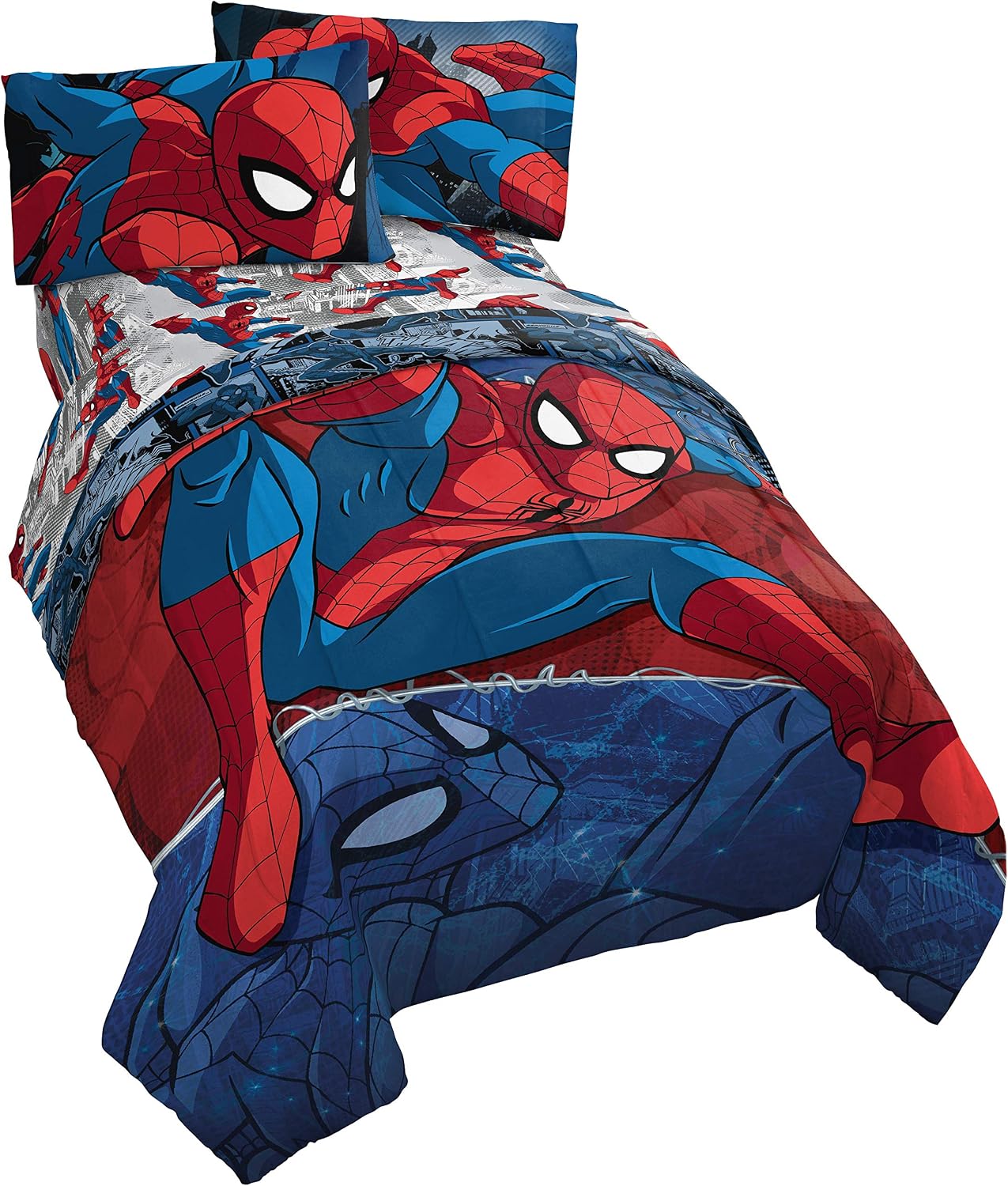 Marvel Spiderman Twin Comforter Set 4 Piece Kids Bedding for Boys, Multi | Bed in a Bag, Comforter Sheets Pillowcase, Official Product, Soft Microfiber, Machine Washable, Easy Care, Boys Gift