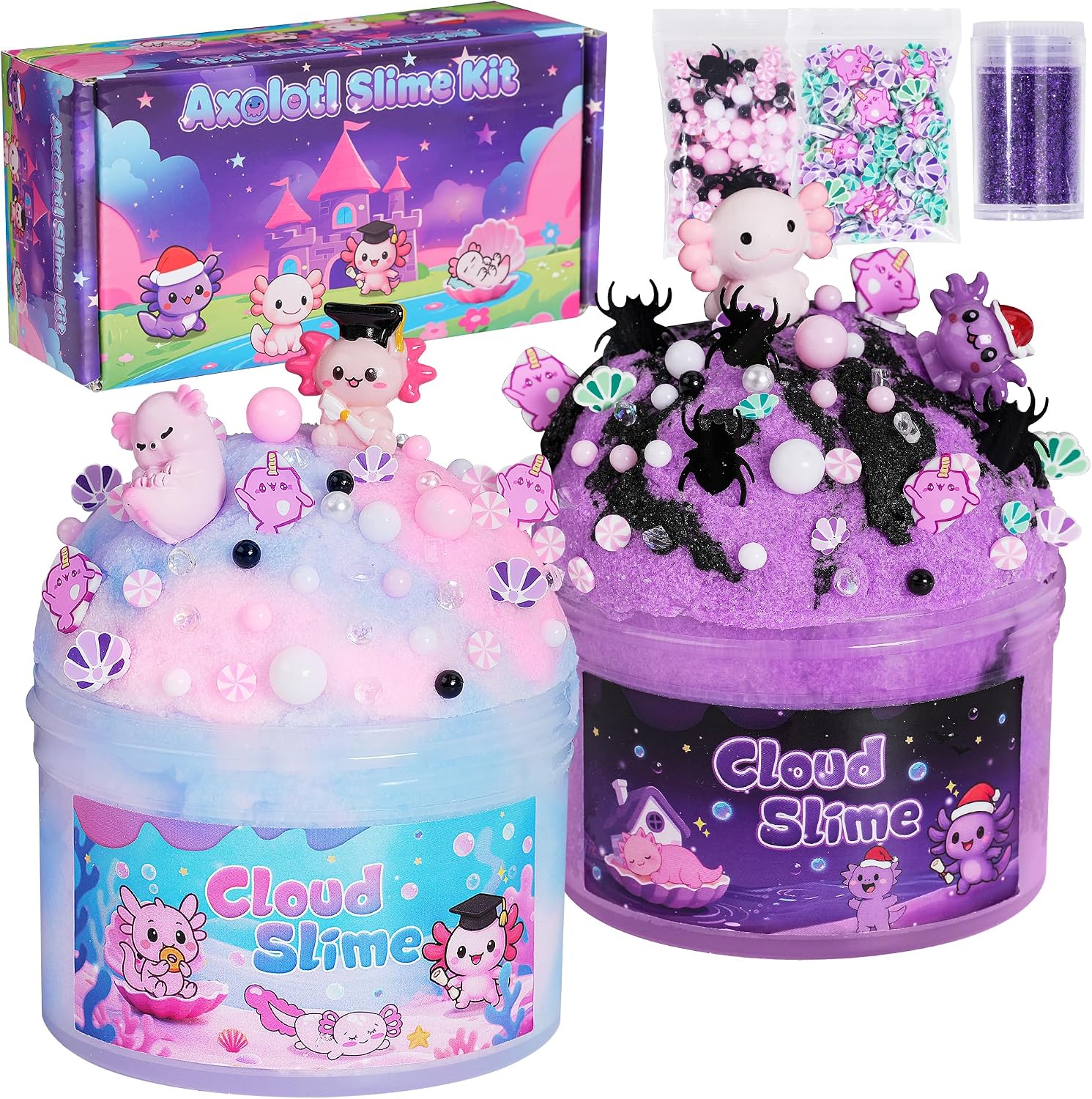 Axolotl Cloud Slime Kit 2 Pack, Sensory Toys Slime Kit for Girls Ages 4-10 | 14oz Non-Sticky DIY Slime, Axolotl Charms, Scented Slime for Kids, ASMR, Axolotl Gifts, Fidget Toys for Christmas Birthday