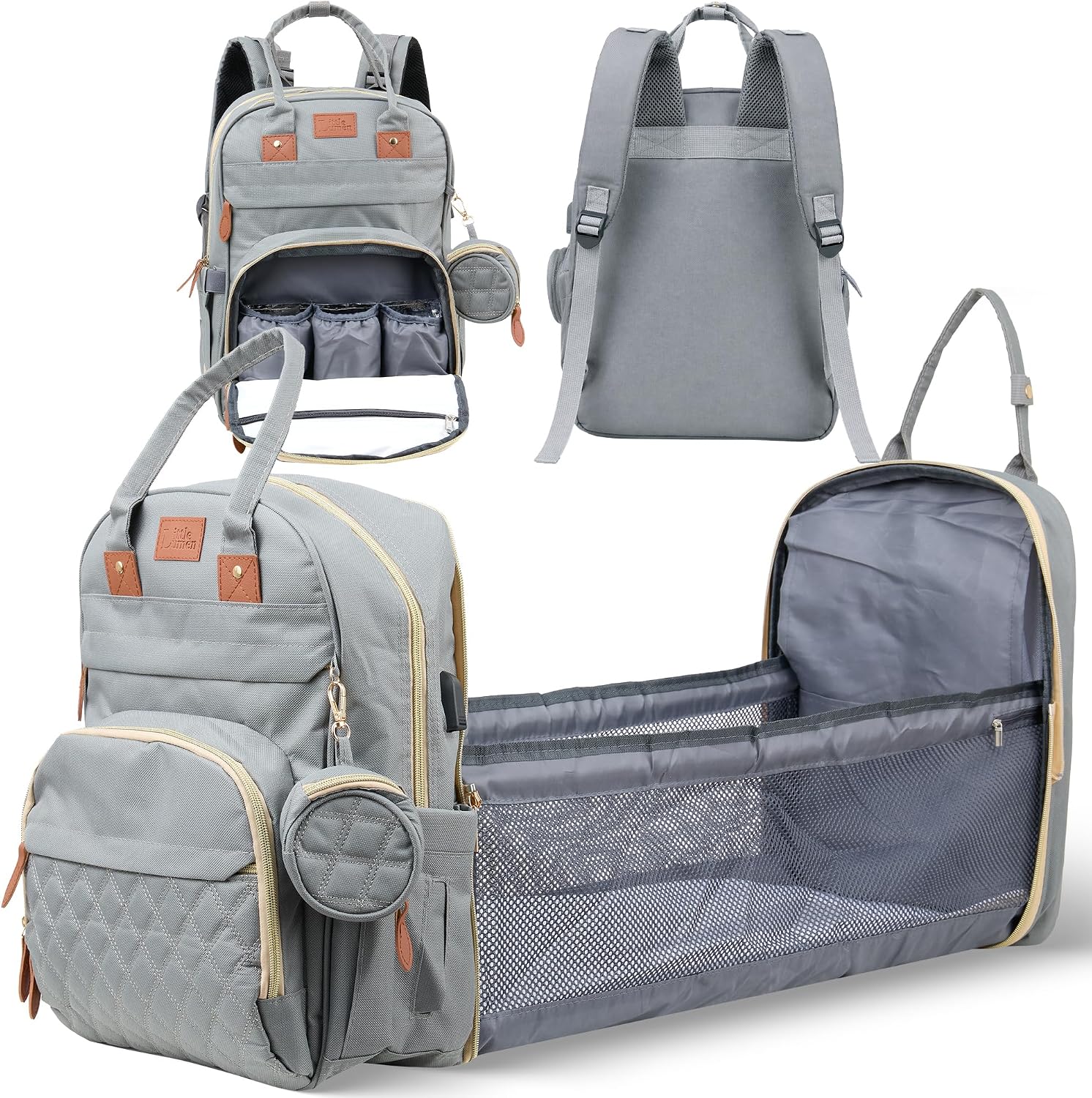 Diaper Bag Backpack with Changing Station – Large Baby Diaper Bag with 19 Pockets, USB Port, Waterproof, Insulated Bottle Holders, Stroller Straps – Travel Maternity Bag – Grey