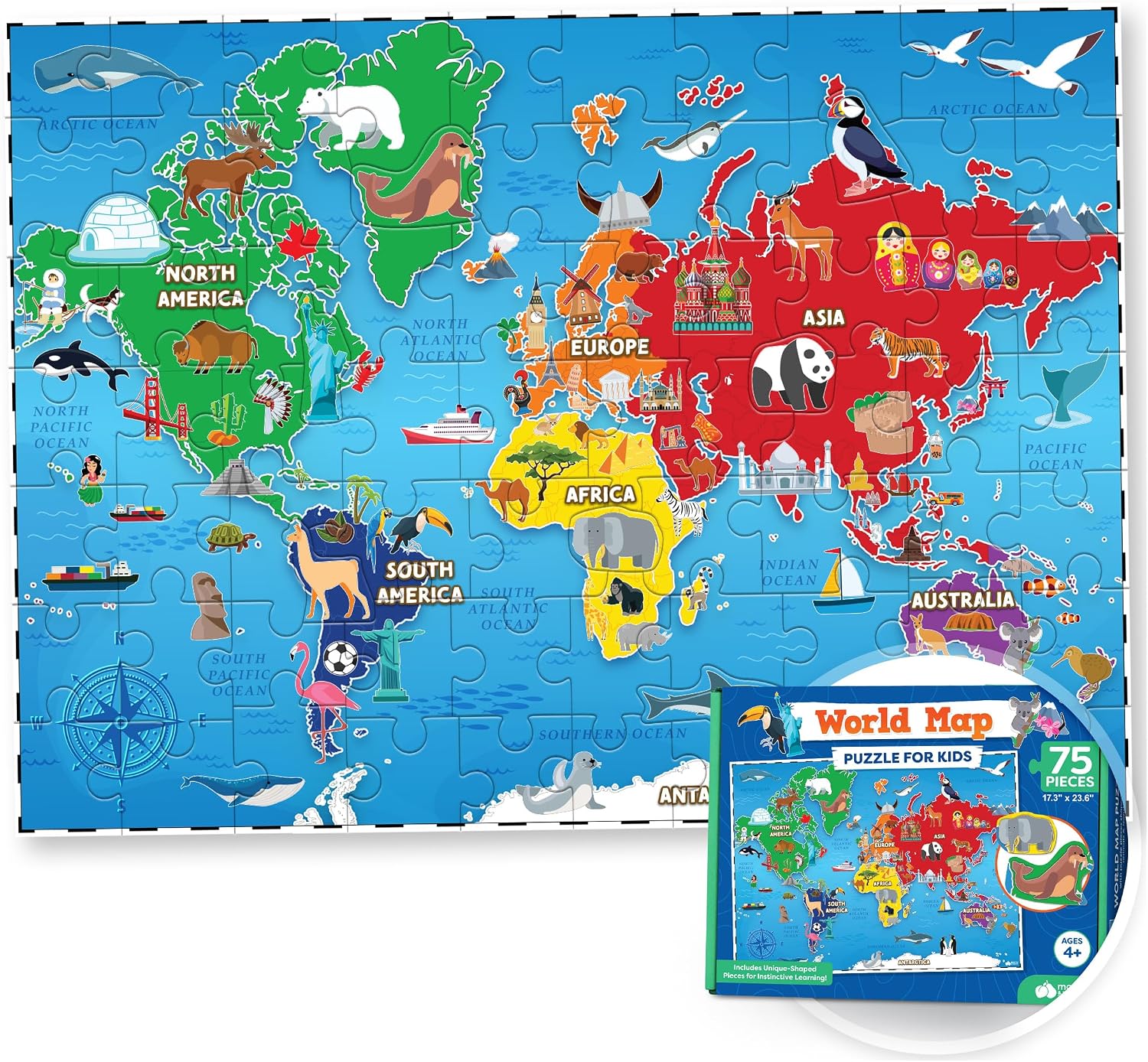 World Map Puzzle for Kids – 75pc World Puzzle with Continents, Landmarks – Childrens Jigsaw Geography Puzzles for Kids Ages 4-8, 5, 6, 7, 8-10 Year Olds – Globe Atlas Puzzle Maps Learning Games Gifts