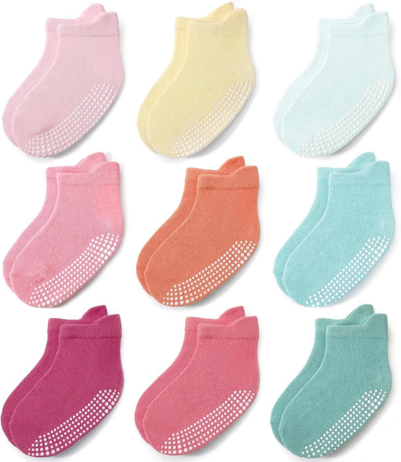 Baby Non Slip Grip Ankle Socks for Infants Toddlers Kids Boys Girls 9 Pack | OEKO-TEX Certified, Sole Grips, Stay-On Ankle Design, Pull Tab for Easy On, Machine Washable