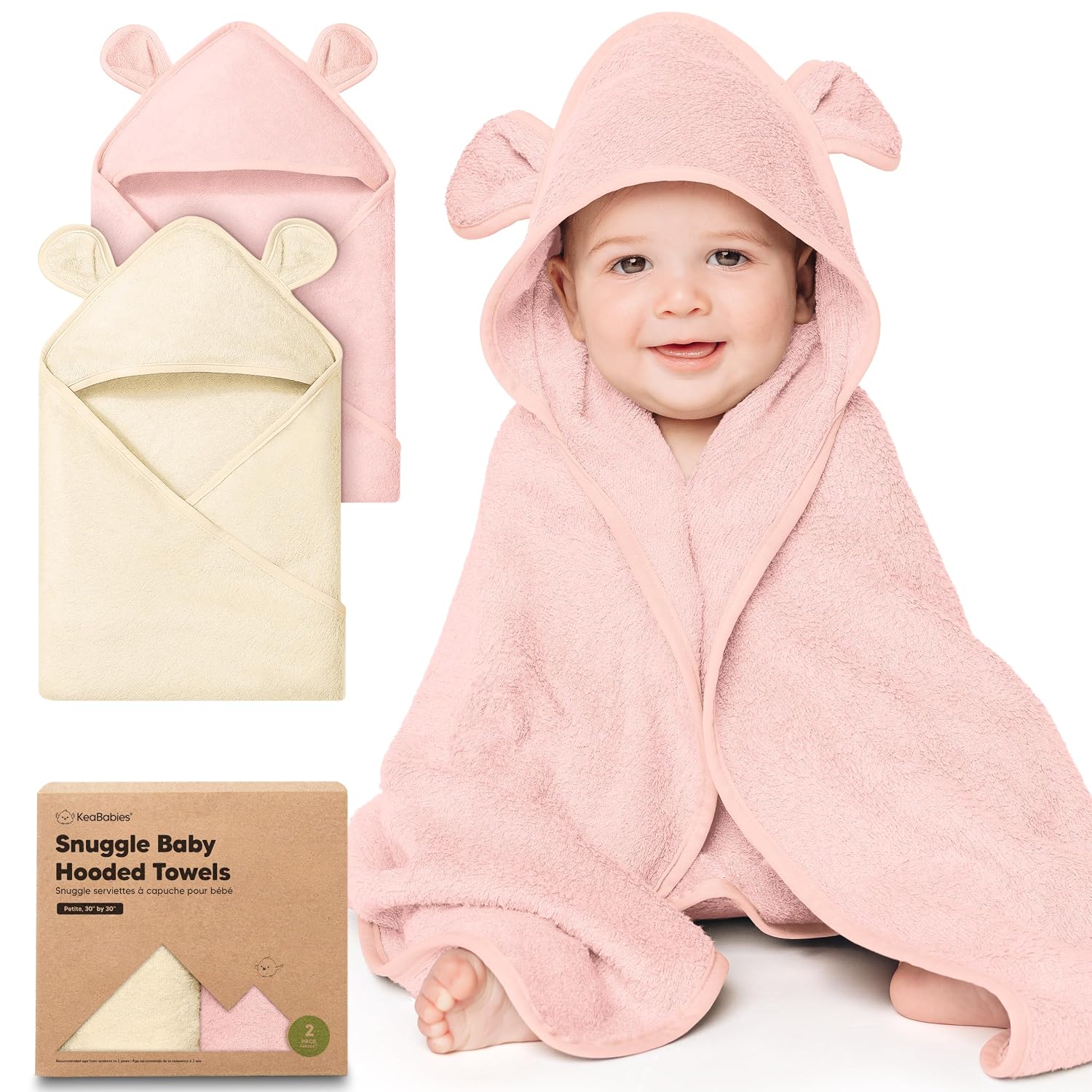 KeaBabies 2-Pack Hooded Baby Towels for Newborn, Kids (Rose Ivory, 30×30) | Soft & Absorbent, Viscose from Bamboo Baby Bath Towels with Hood, Infant, Toddler, Kids, Boys Girls, Baby Bath Essentials