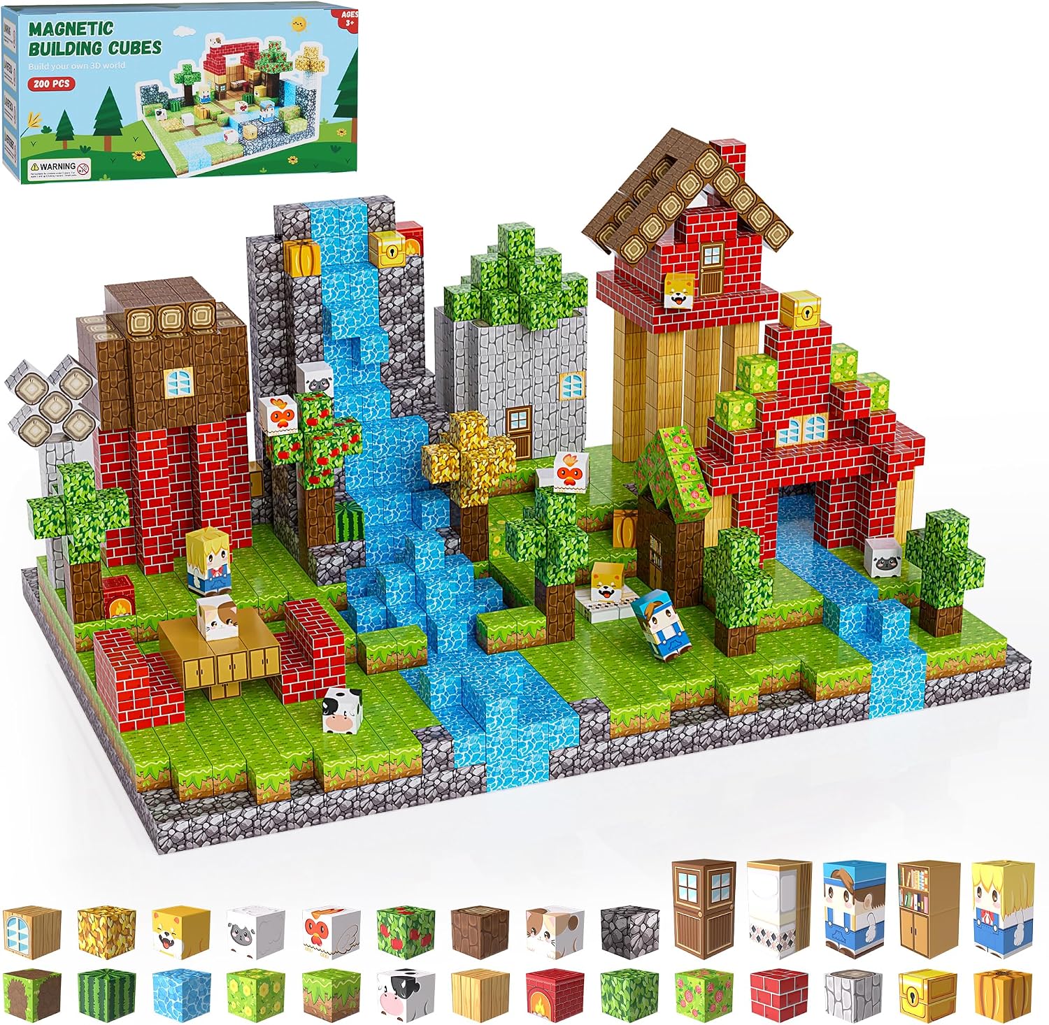 200PCS Magnetic Building Blocks Set, Magnetic Tiles Kids Build Cubes STEM Game Toys, Build Forest World Set, Christmas Birthday Gifts for Boys & Girls Age 3 4 5 6 7 8 9 10, 0.78 in Size | STEM Game Stacking Toys for Kids, Birthday Gifts for Boys and Girls Age 3+ Years Old