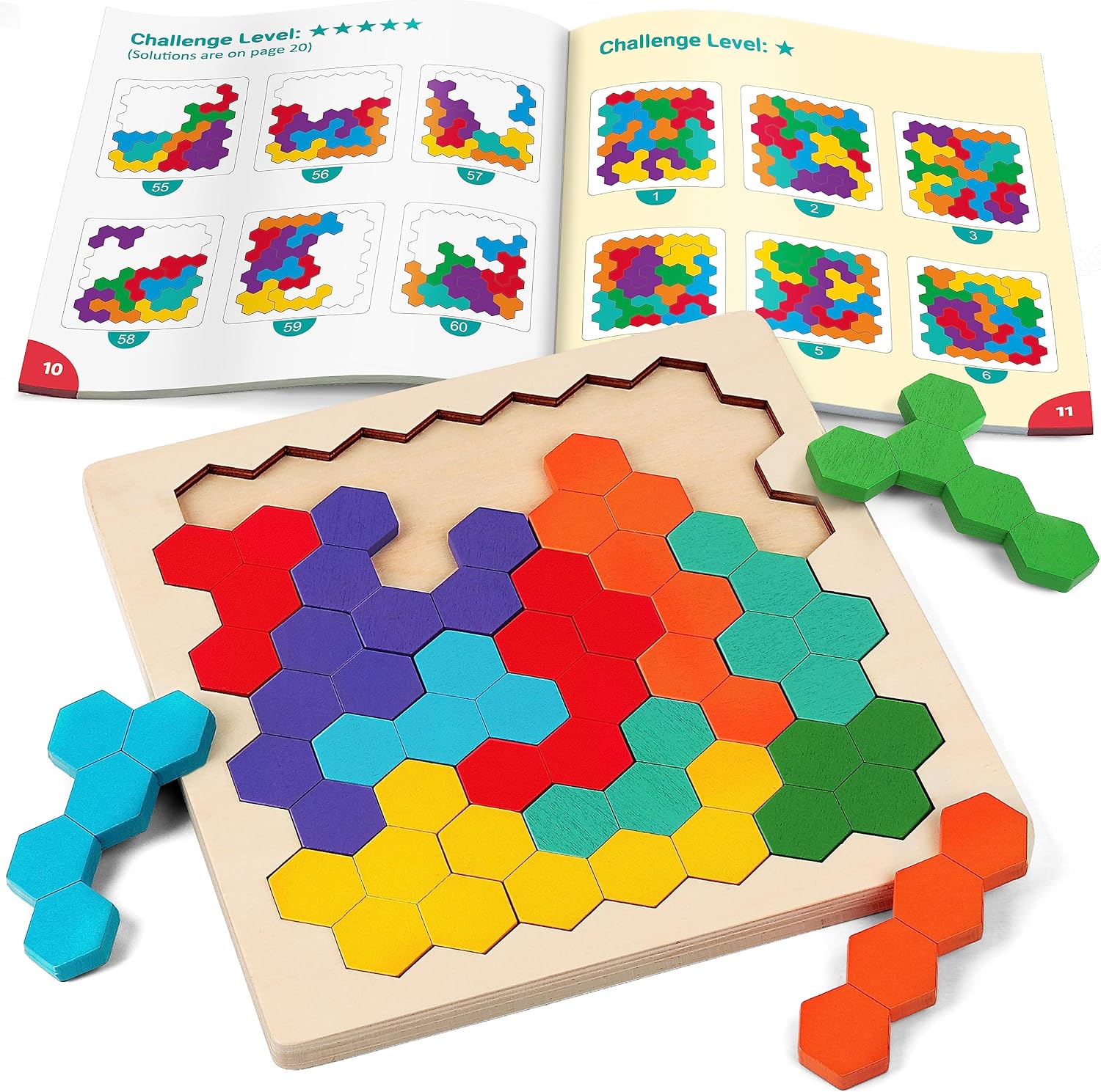 Coogam Wooden Tangram Puzzle, Color Shape Pattern Jigsaw Brain Teasers 3D Logic IQ Game Geometric Blocks Montessori STEM Educational Toys Gift for All Age