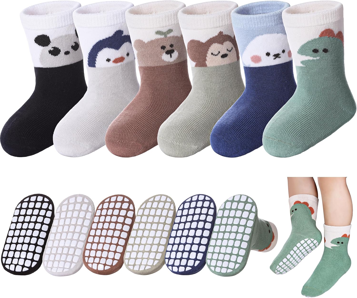 Baby Toddlers Non Slip Socks with Grippers Cotton Crew Gift Grips Socks for Kids Boys Girls 6 Pairs