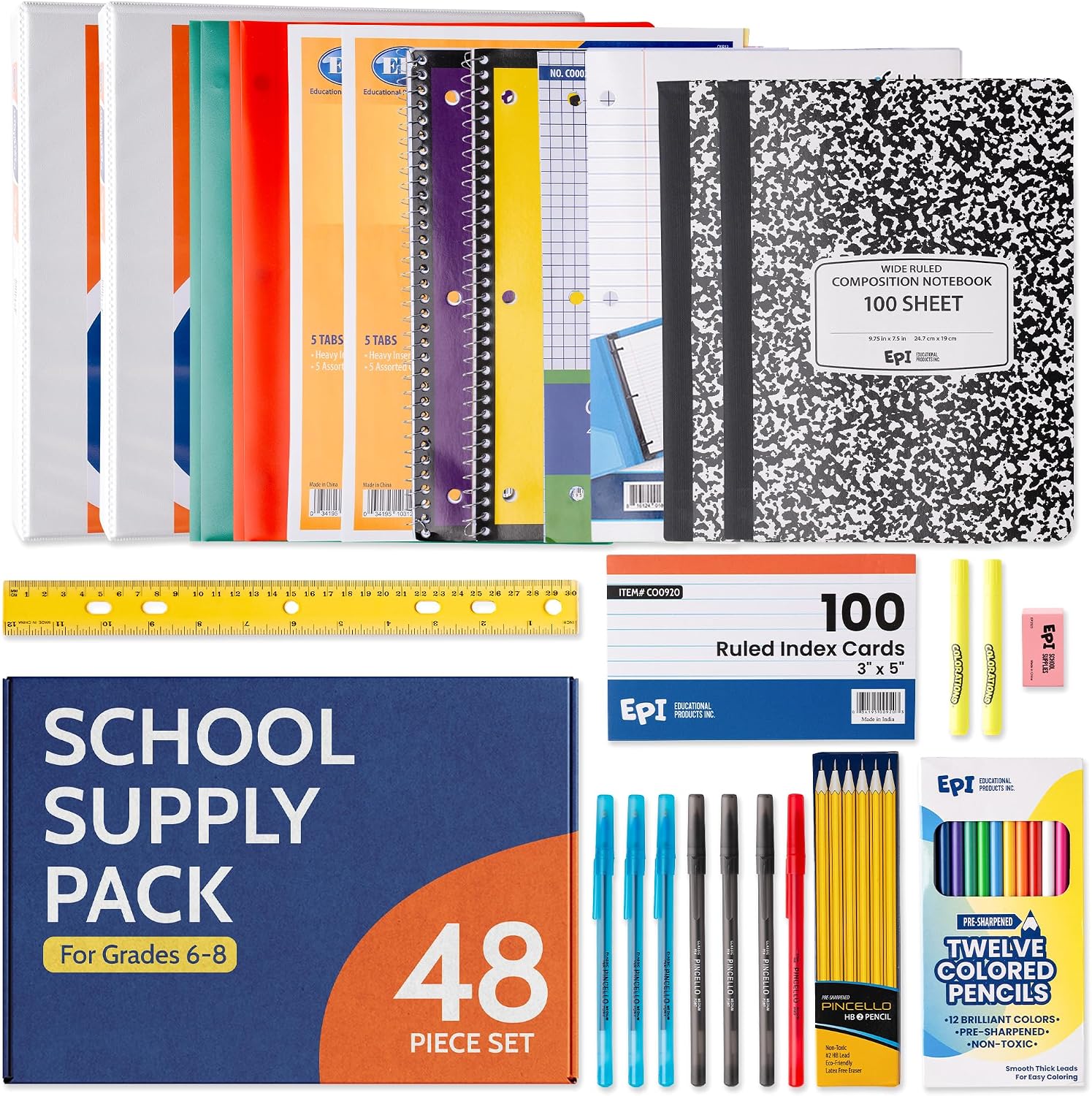 EPI Essentials Bulk Back to School Supplies for Kids – 6th to 8th Grade – 48 Items in Kit – Middle School Supply Packs – Wide-Ruled Bundle with Composition Notebooks – Suitable for Homeschooling