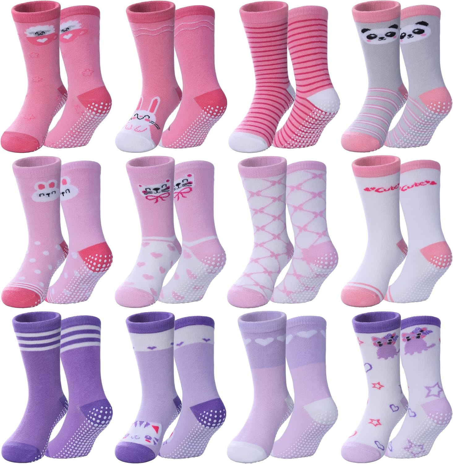 Toddlers Girls Non Slip Grip Socks – Cotton Crew Socks with Grippers 12 Pairs