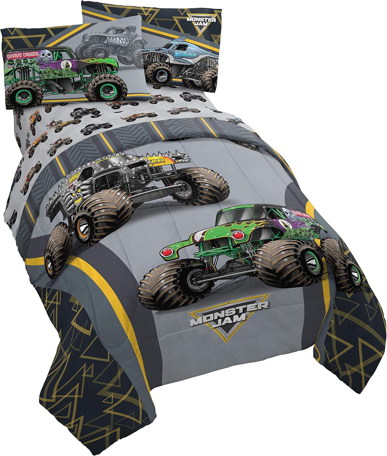 Jay franco Monster Jam MJ Life 4 Piece Twin Bed Set-Includes Reversible Comforter&Sheet Set-Bedding Features Grave Digger, Max-D, Megalodon-Super Soft Microfiber-(Official Monster Jam Product) | Grave Digger Megalodon, Bed in a Bag, Comforter Sheets Pillowcase, Soft Microfiber, Machine Washable, Boys Gift