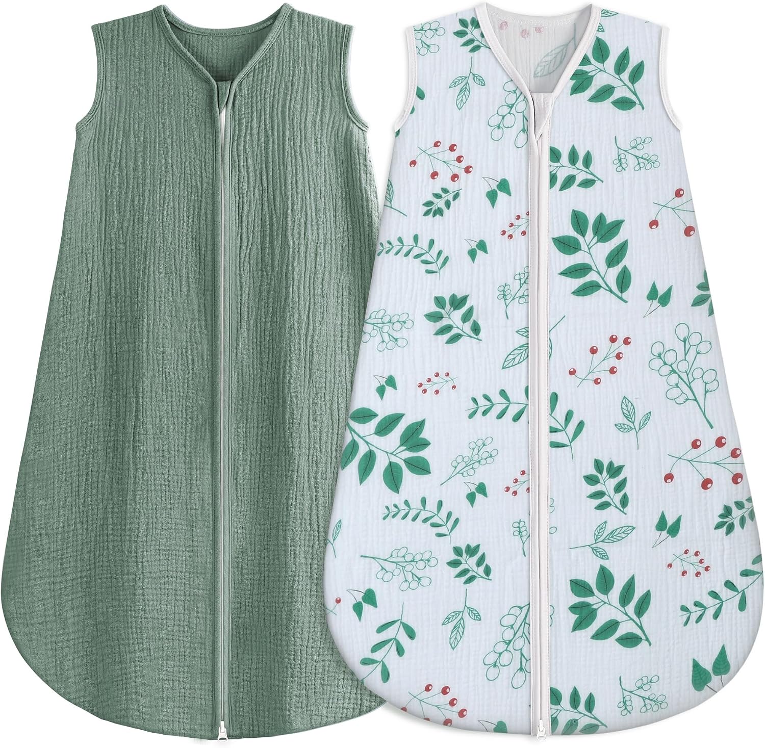 BSTOPPT 2 Pack Baby Sleep Sack 12-18 Months 100% Organic Cotton Muslin Baby Sleeping Bag 2-Way Zipper Wearable Blankets TOG 0.3 (Green & Leafy Cherry, Large)