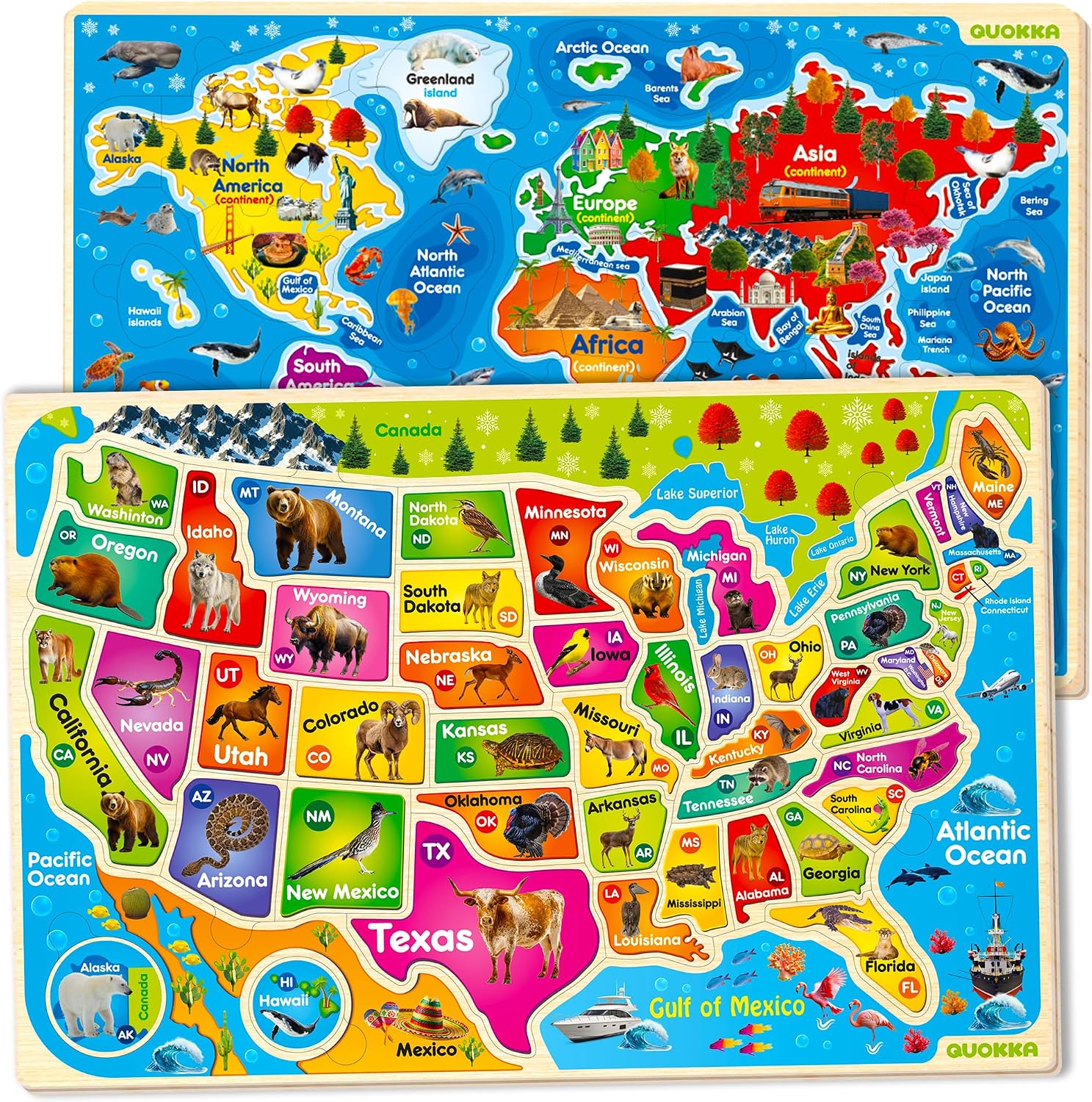 Wooden Puzzles for Kids Ages 4-6 – Toddler Puzzles Ages 3-5 USA & World Map | Montessori Wood Educational Puzzles for Toddlers 2-4 Years Old – Geography Learning Games for Kids 6-8