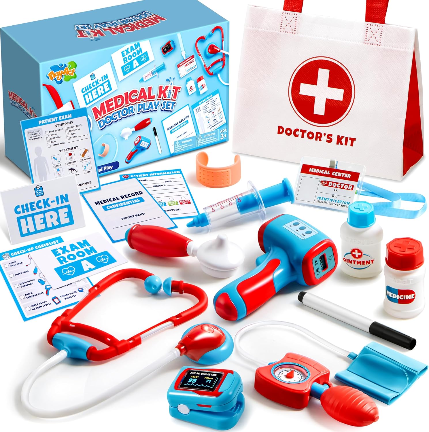 Play-Act Kids Doctor Kit, 16-Piece Medical Kit with Bag, Doctor Role Play Set with Realistic Toy Stethoscope, Reusable Record Cards, Dress Up Playset Birthday Gift for Kids Ages 3+
