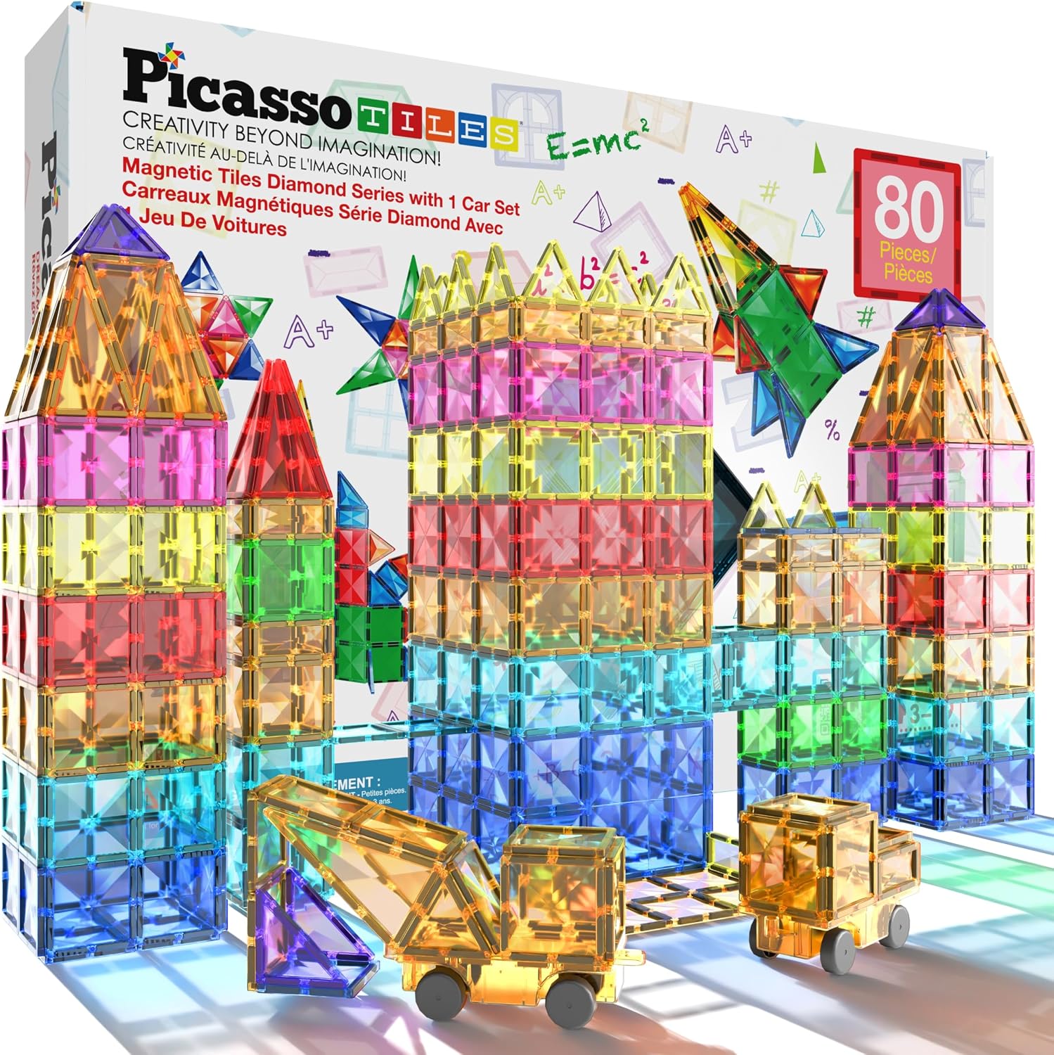 PicassoTiles 80 Piece Magnetic Tiles, STEM Building Set with Car, Ages 3+ | 79 diamond-cut shapes, 1 rolling base, 10 squares, 59 triangles, 10 rectangles, BPA-free, educational learning, creative fun