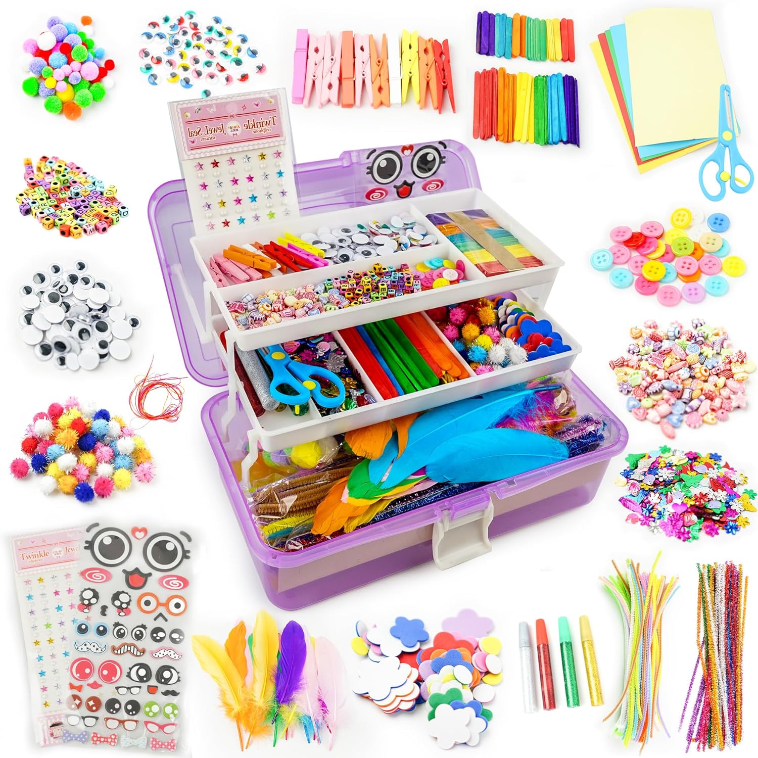 SMILESSKIDDO Kids Arts and Crafts, 1000+ PCS Craft Kits with Storage Box | Portable 3-Layer Folding Storage Box, 1000+ Pcs DIY Craft Supplies, School Craft Projects, Gifts for Girls Ages 4-12