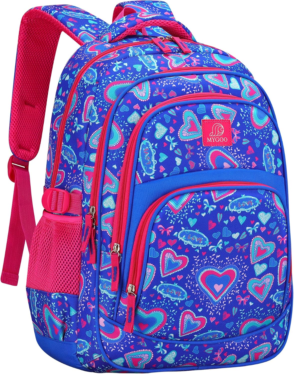 Girls School Backpack Grove Heart Blue Bookbag for Elementary Middle School Ages 5-12, 17 inch Large Capacity 24L Kids Student Travel Bags