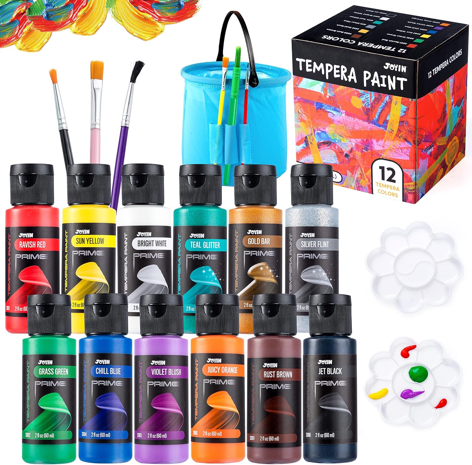 JOYIN Washable Tempera Paint Set for Kids 12PCS, Non Toxic Liquid Paint with 6 Brushes and 2 Palettes – Art Supply for Kids for Arts and Crafts Project, Finger Painting (2 oz Each), Easter Basket Stuffers