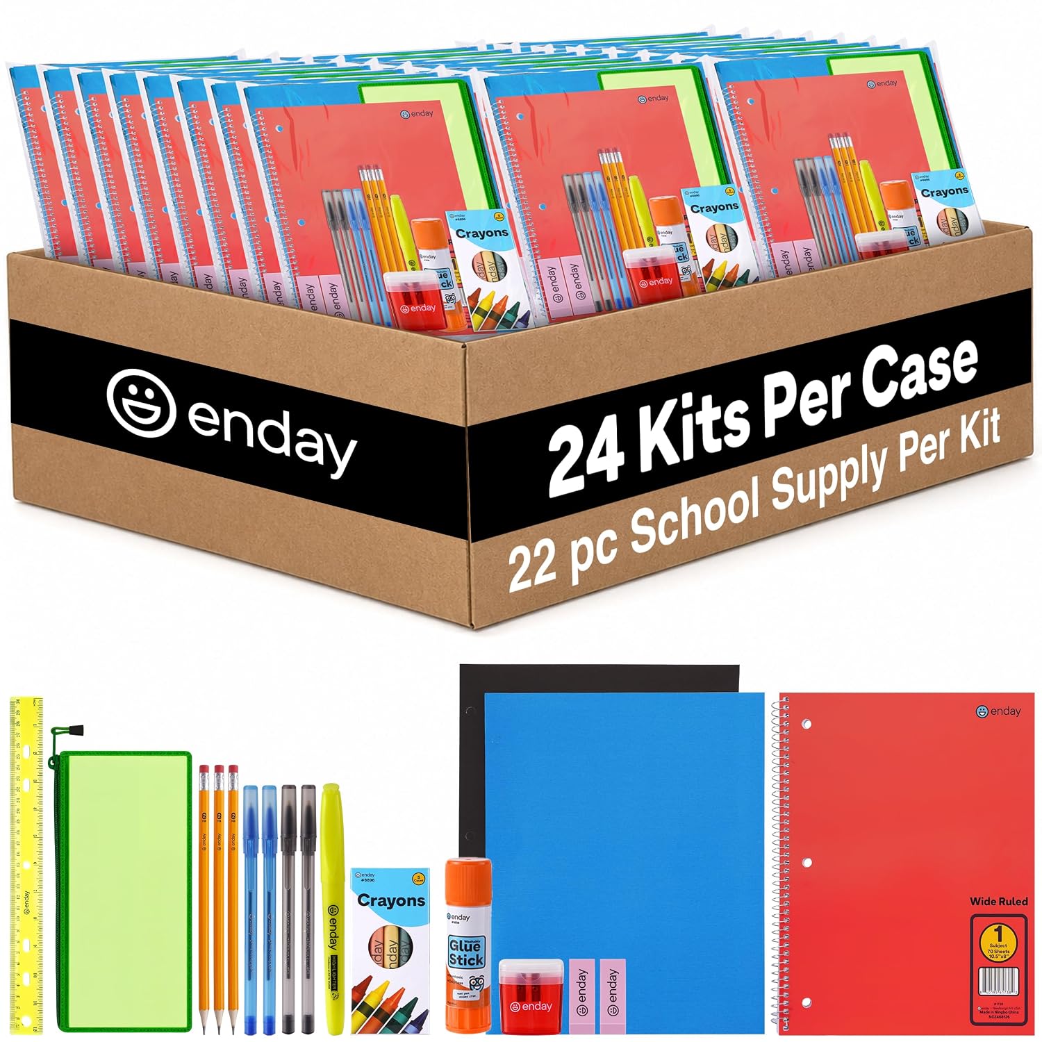 Bulk School Supplies for Kids | (22 Piece) Back to School Supplies in Each Kit, Premium Quality Kids School Supply for Girls & Boys, Kindergarten, Elementary, K-12 – By Enday
