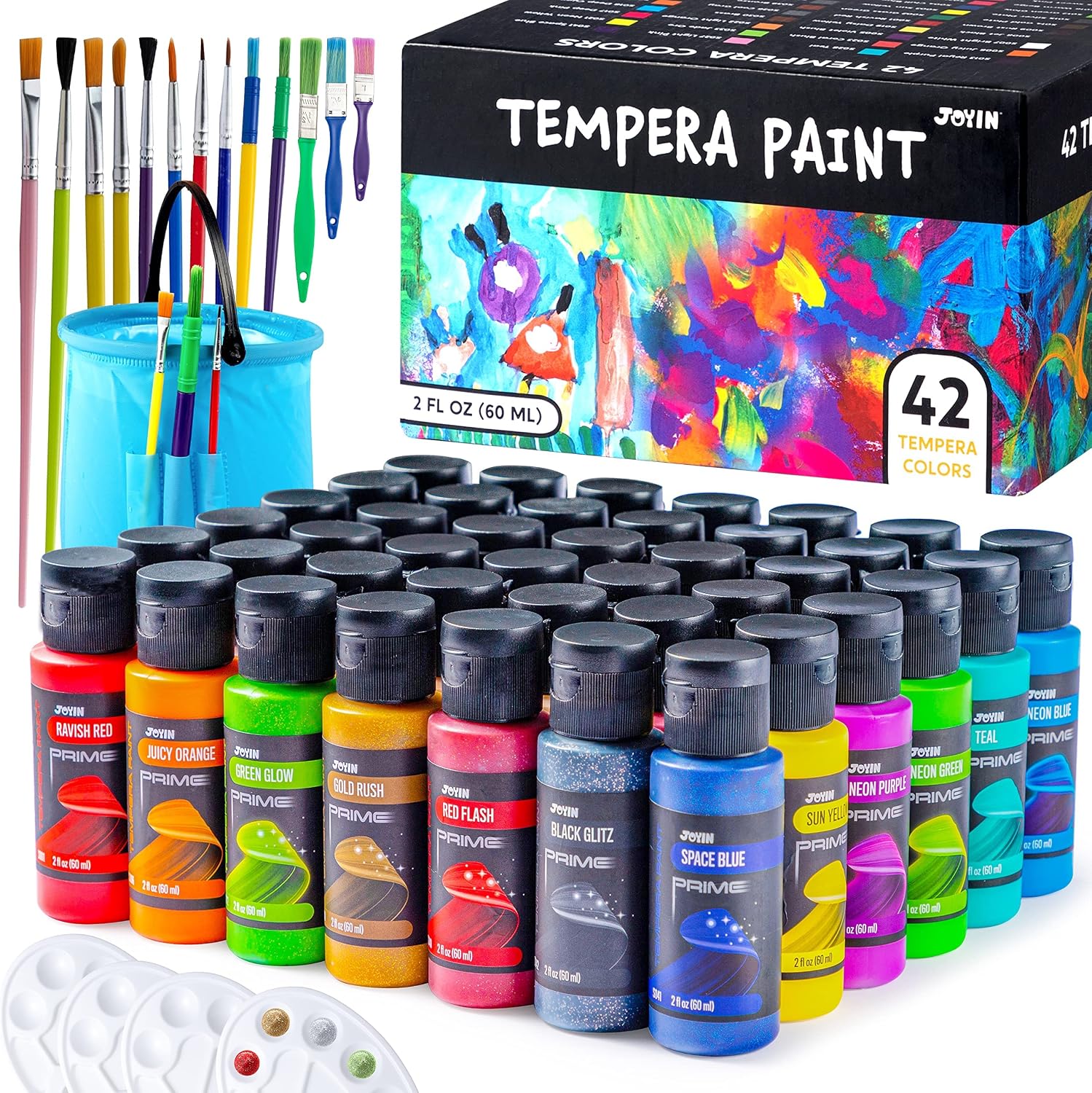 JOYIN Washable Tempera Paint Set for Kids 42PCS, Non Toxic Liquid Paint with 15 Brushes and 4 Palettes – Art Supply for Kids for Arts and Crafts Project, Finger Painting (2 oz Each), School Project Art Supplies
