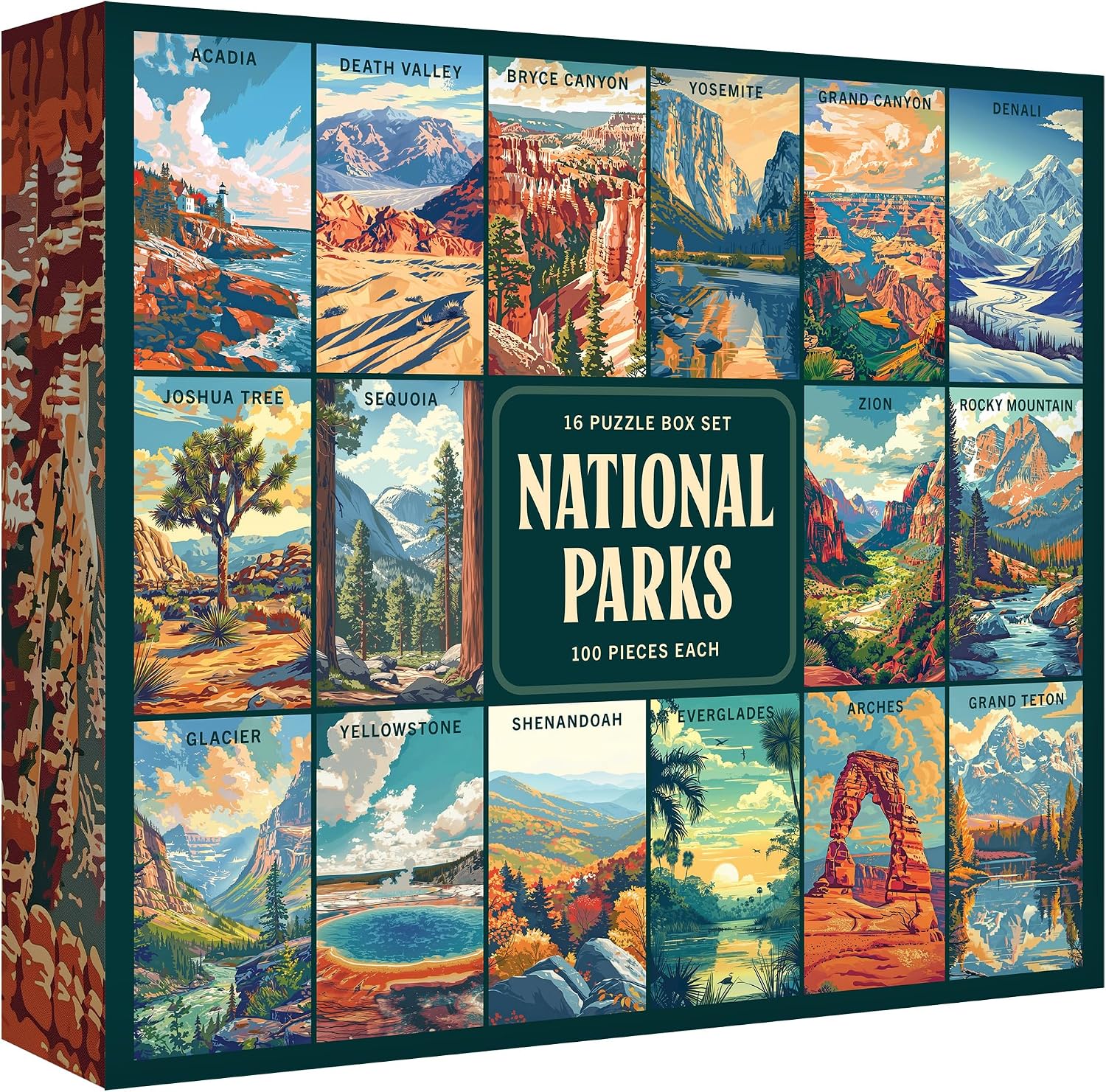 RoseArt – National Parks Jigsaw Puzzle Box Set – 16 Mini Puzzles, 100 Pieces Each – Colorful Puzzle Gift Set for Adults